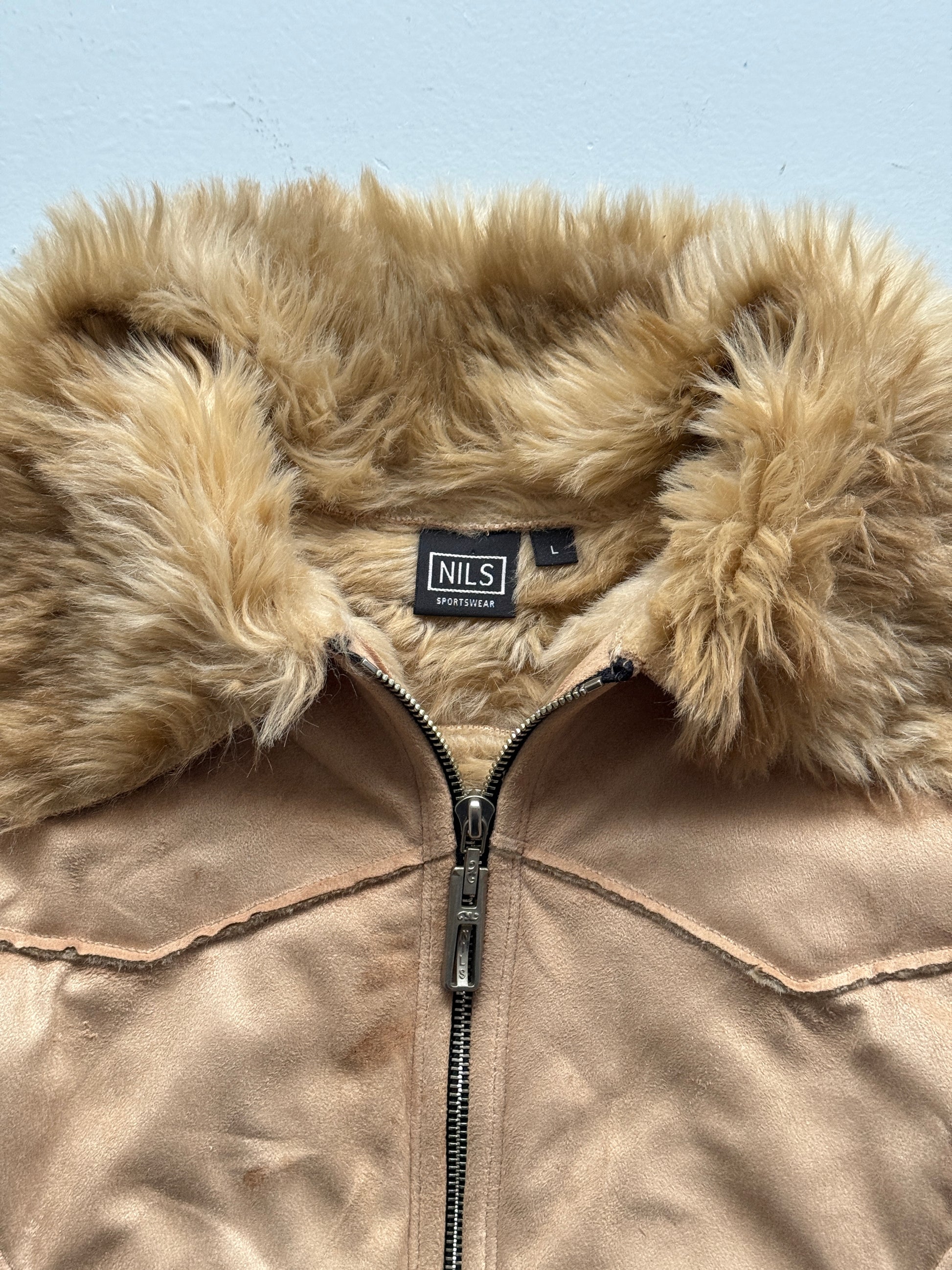 Beige Nils 00's Vintage Y2K Fur Affect Lined Jacket- Large