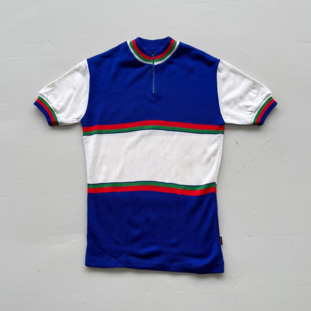 Blue Striped Flower 80's Deadstock Knit Cycling Jersey - Small