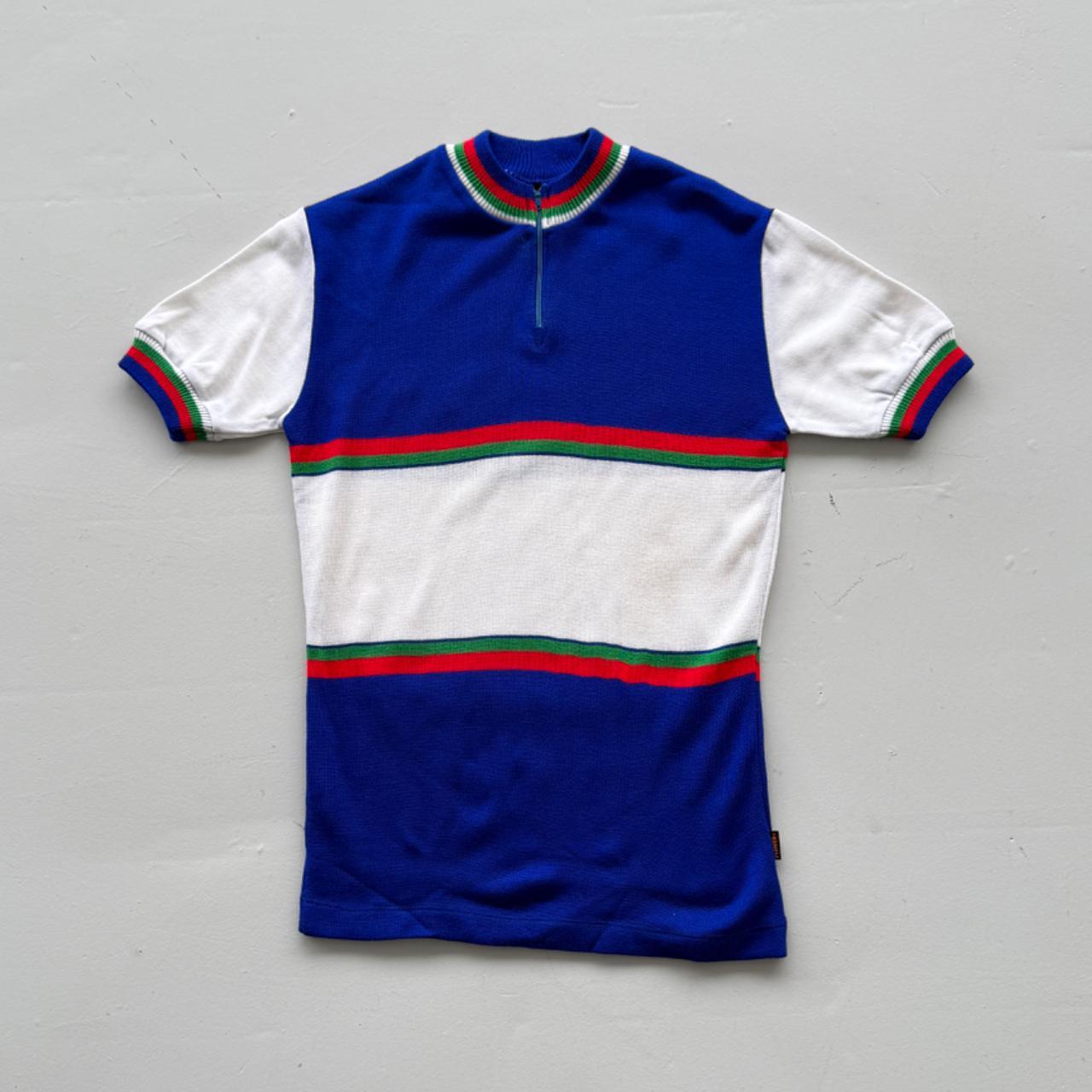 Blue Striped Flower 80's Deadstock Knit Cycling Jersey - Small