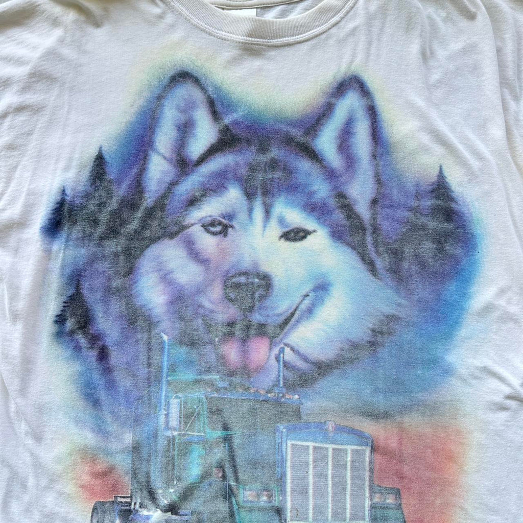 White Airbrushed Husky / Trucker Vintage 90's T-shirt - XL