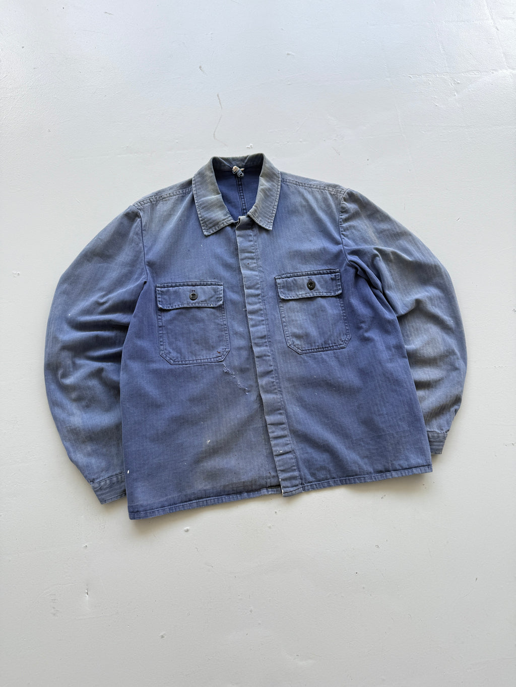 Thrashed Blue Herringbone French Vintage Workwear Chore Jacket CH368 - Small