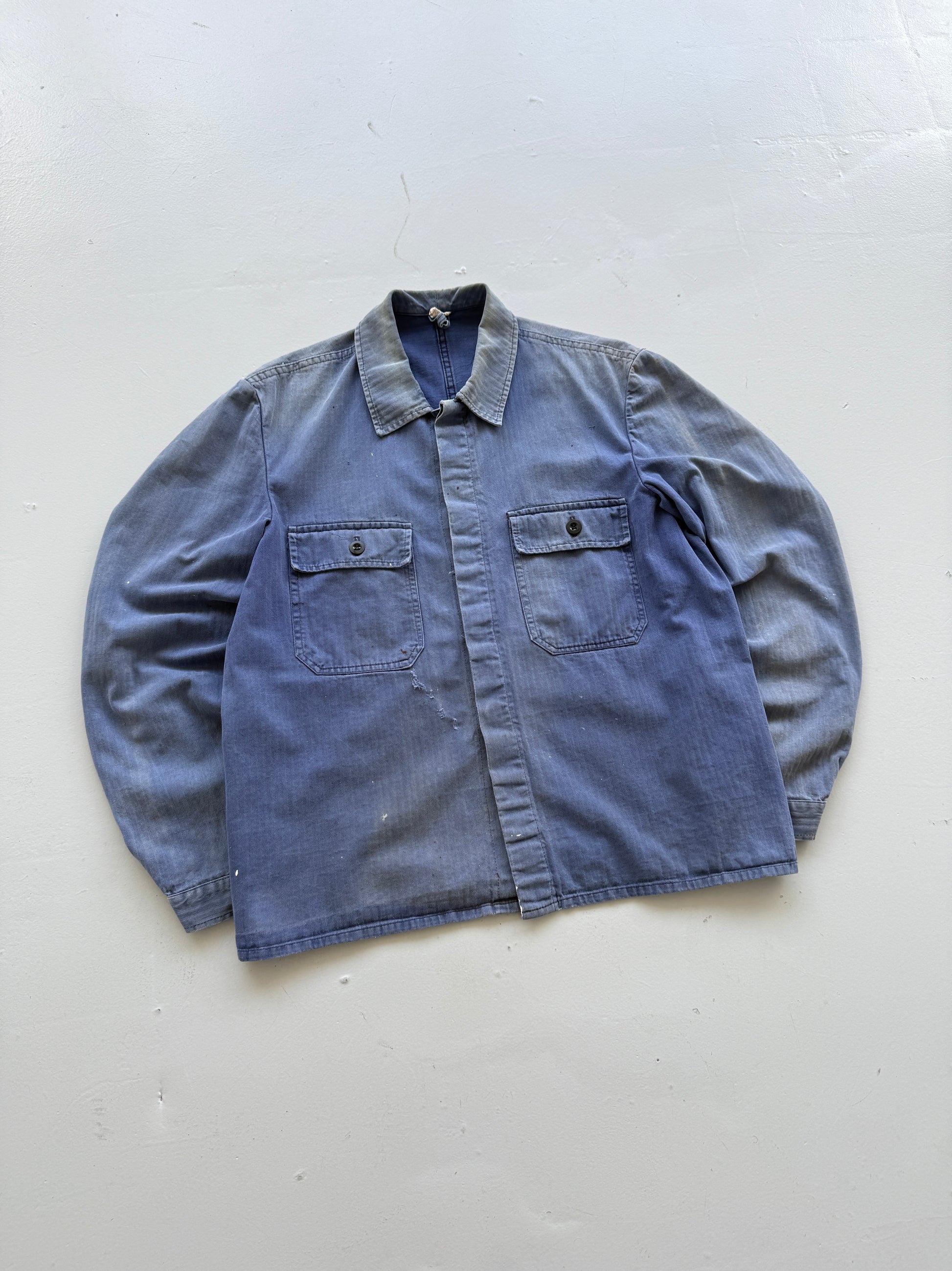 Thrashed Blue Herringbone French Vintage Workwear Chore Jacket CH368 - Small