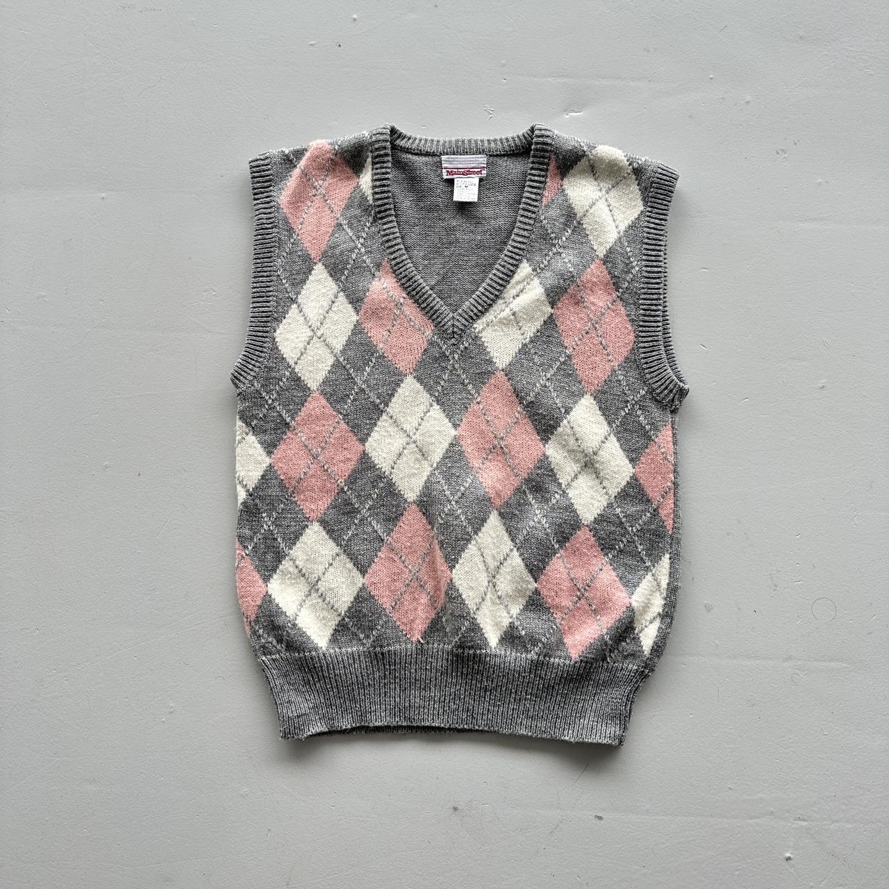 Pink and Grey Argyle 90s Vintage Woollen Sweater Vest - Medium