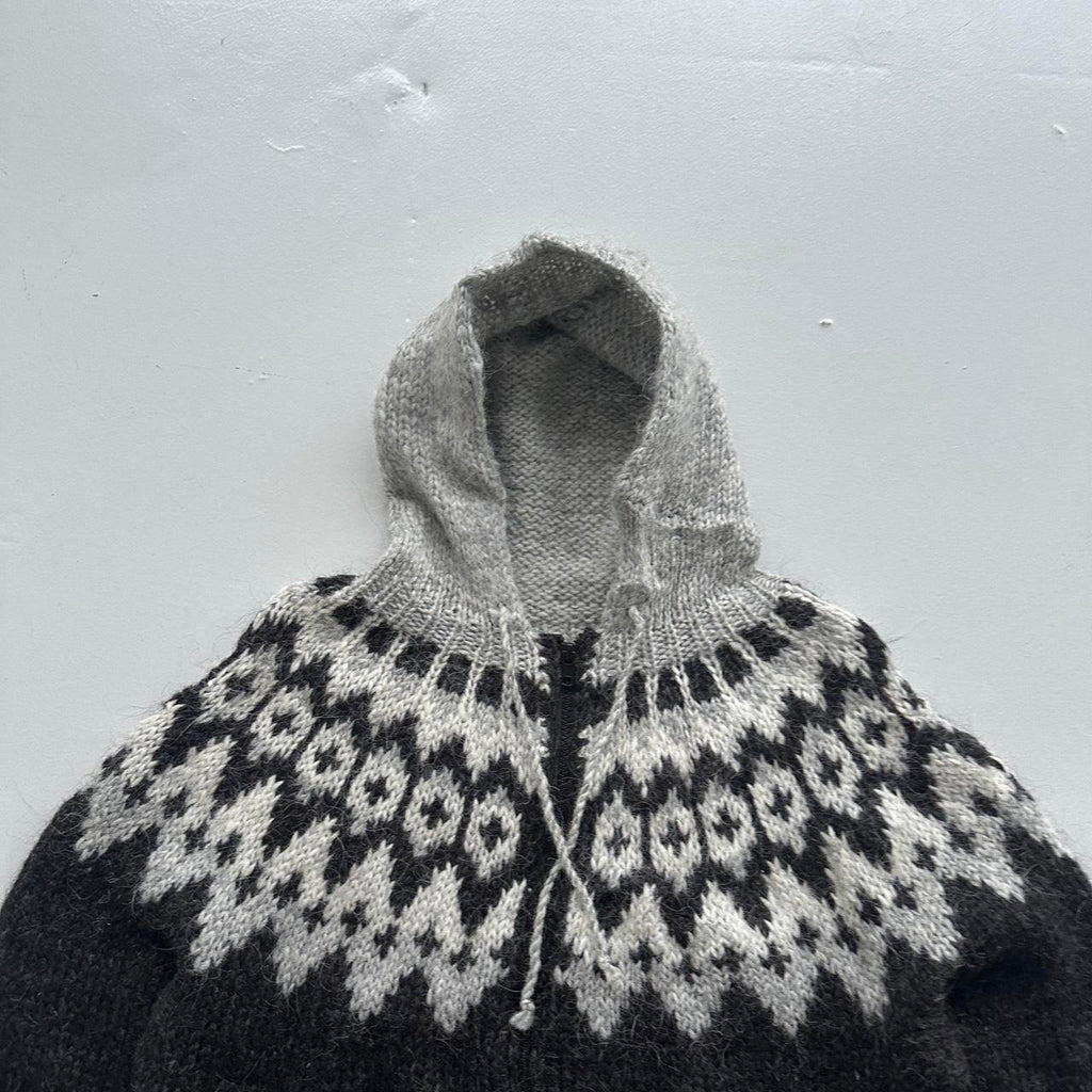 Charcoal Grey Hand Made 80s Vintage Woollen Knit Full-Zip Jumper / Hoodie - Large