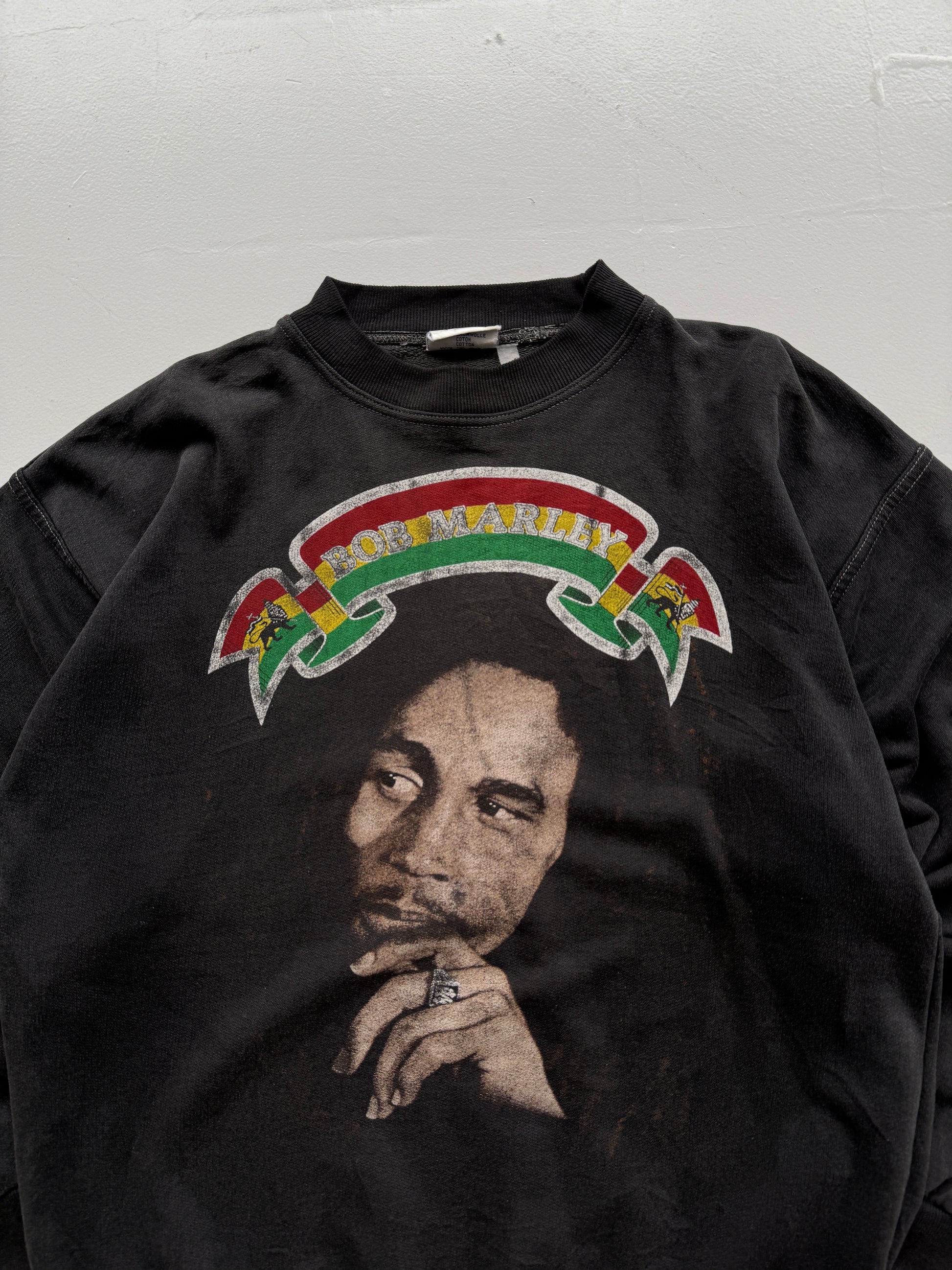 Faded Black Bob Marley 90's Vintage Thrashed  Graphic Sweatshirt- Medium