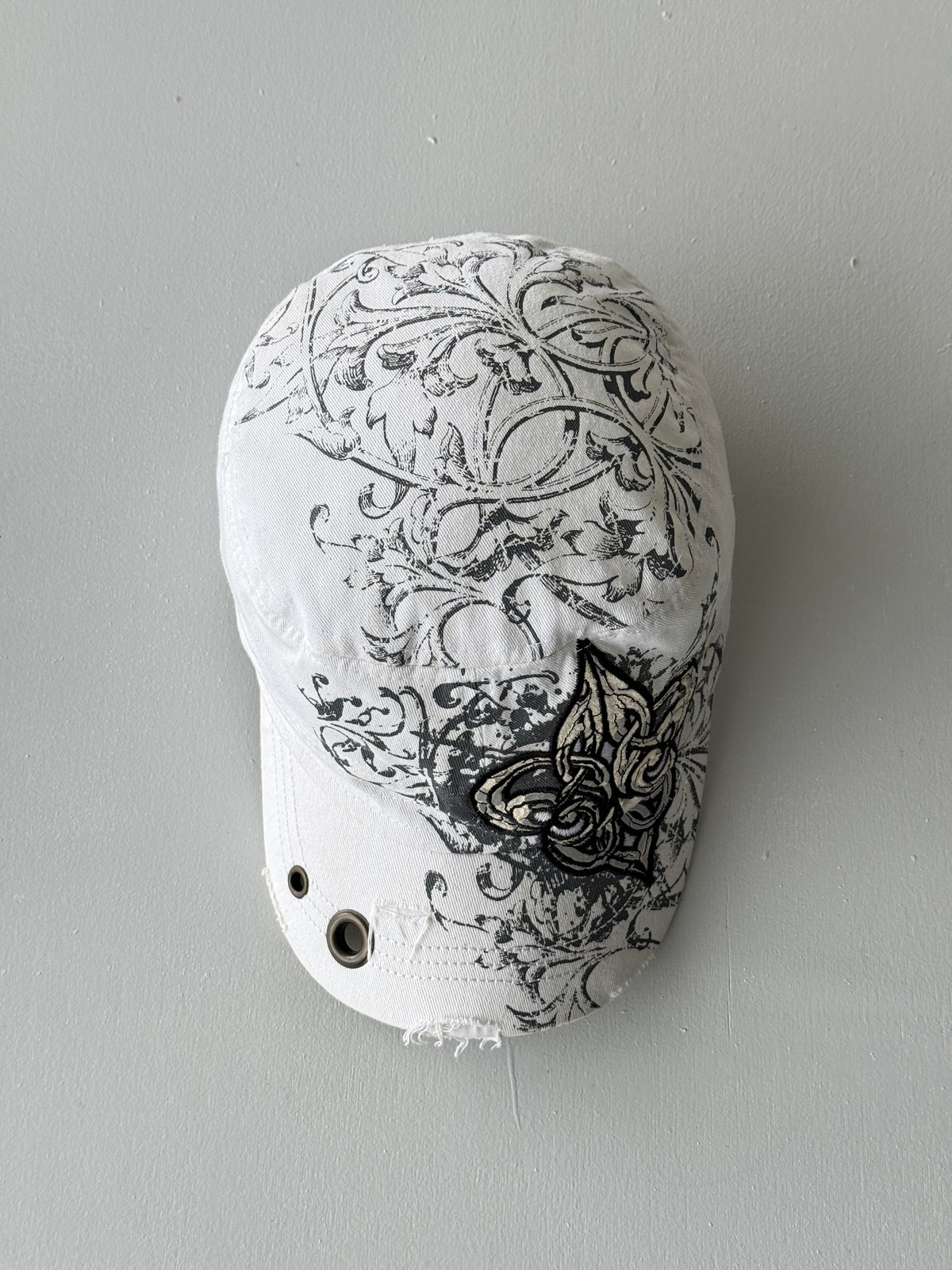 White Fleur-De-Lis Y2K Cadet Cap Military Style 00's Grunge Aesthetic