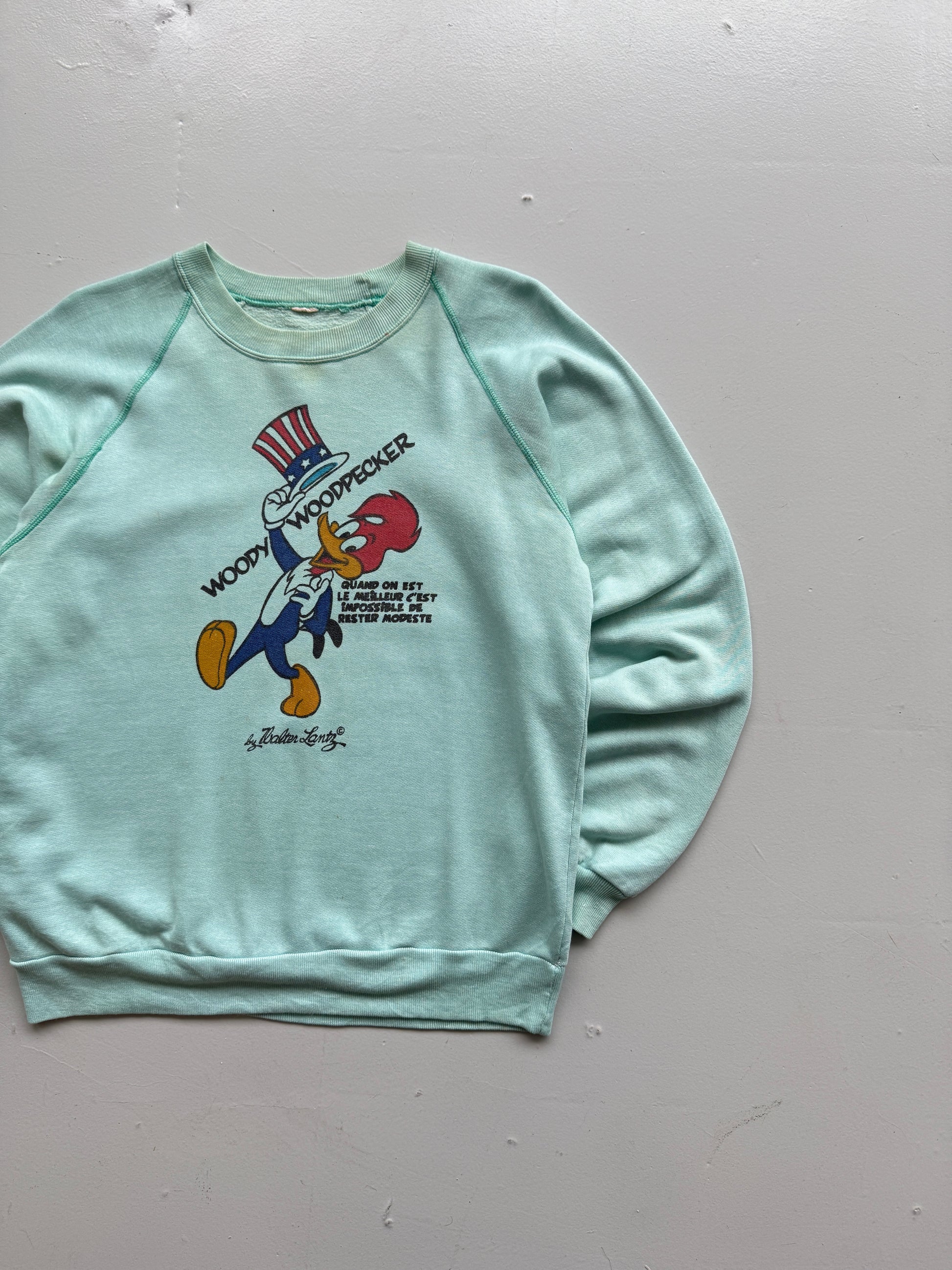 Blue Woody Woodpecker 70's Vintage Cartoon Graphic Sweatshirt Jumper - Small