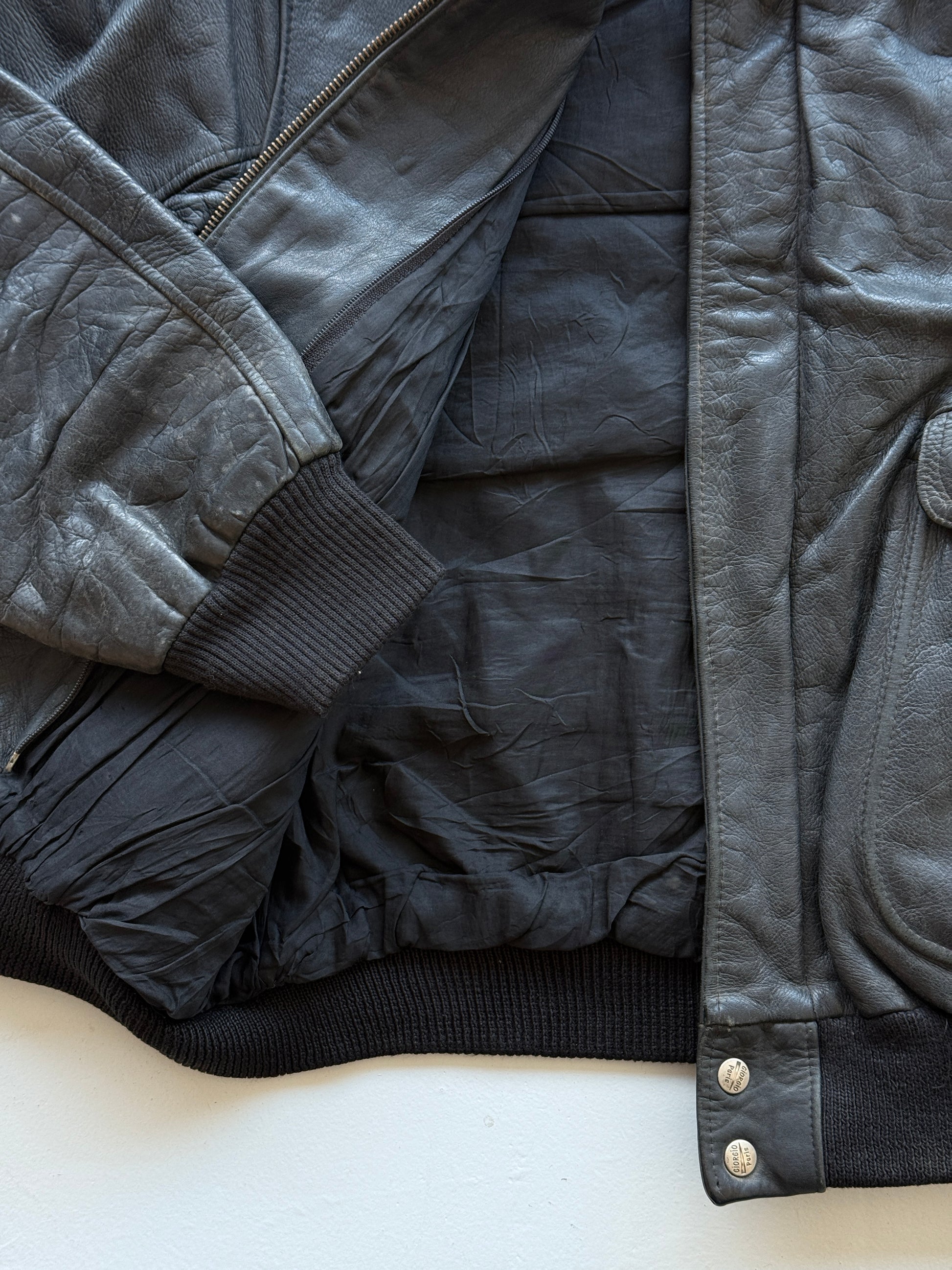 Black 90s Leather A2 Aviation Vintage Bomber Jacket - Large