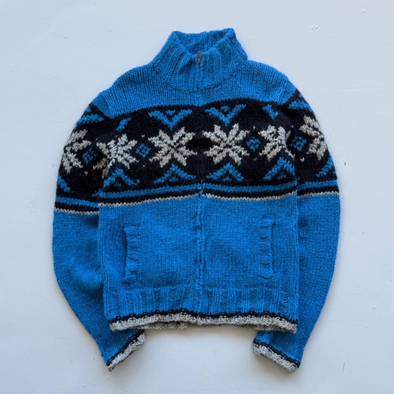 Blue Full Zip 80s Chunky Knit Cardigan - Medium
