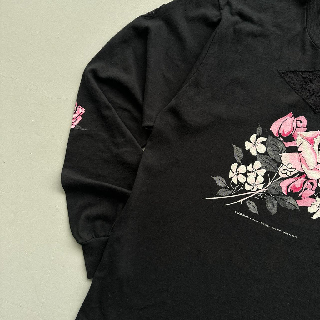 Black Floral Long Sleeve Biker 90s Vintage T-shirt - Medium