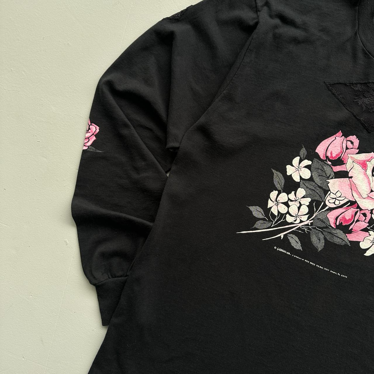Black Floral Long Sleeve Biker 90s Vintage T-shirt - Medium