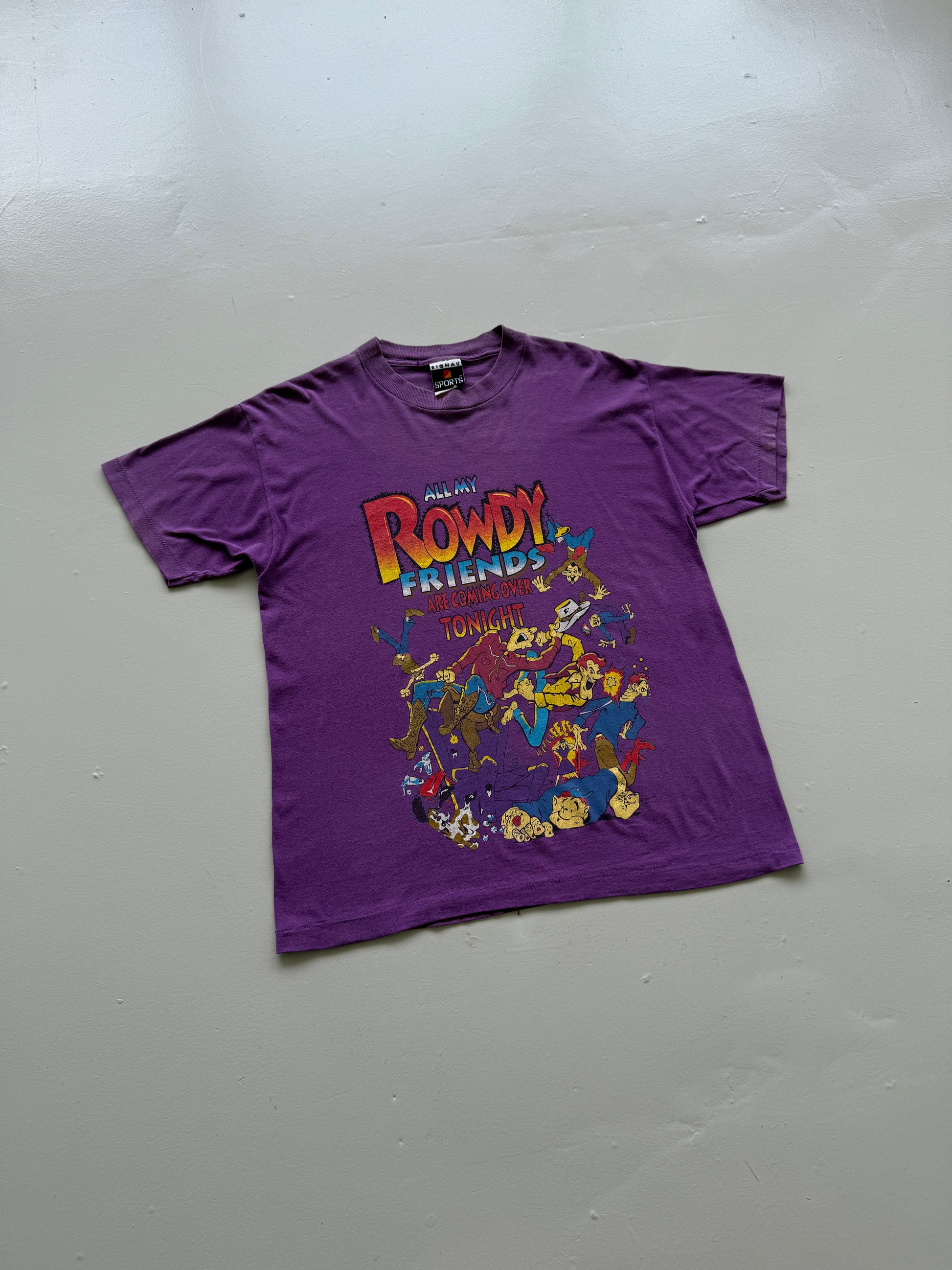 Purple Rowdy Friends 90's Vintage Single Stitch Slogan Graphic T-Shirt - Large