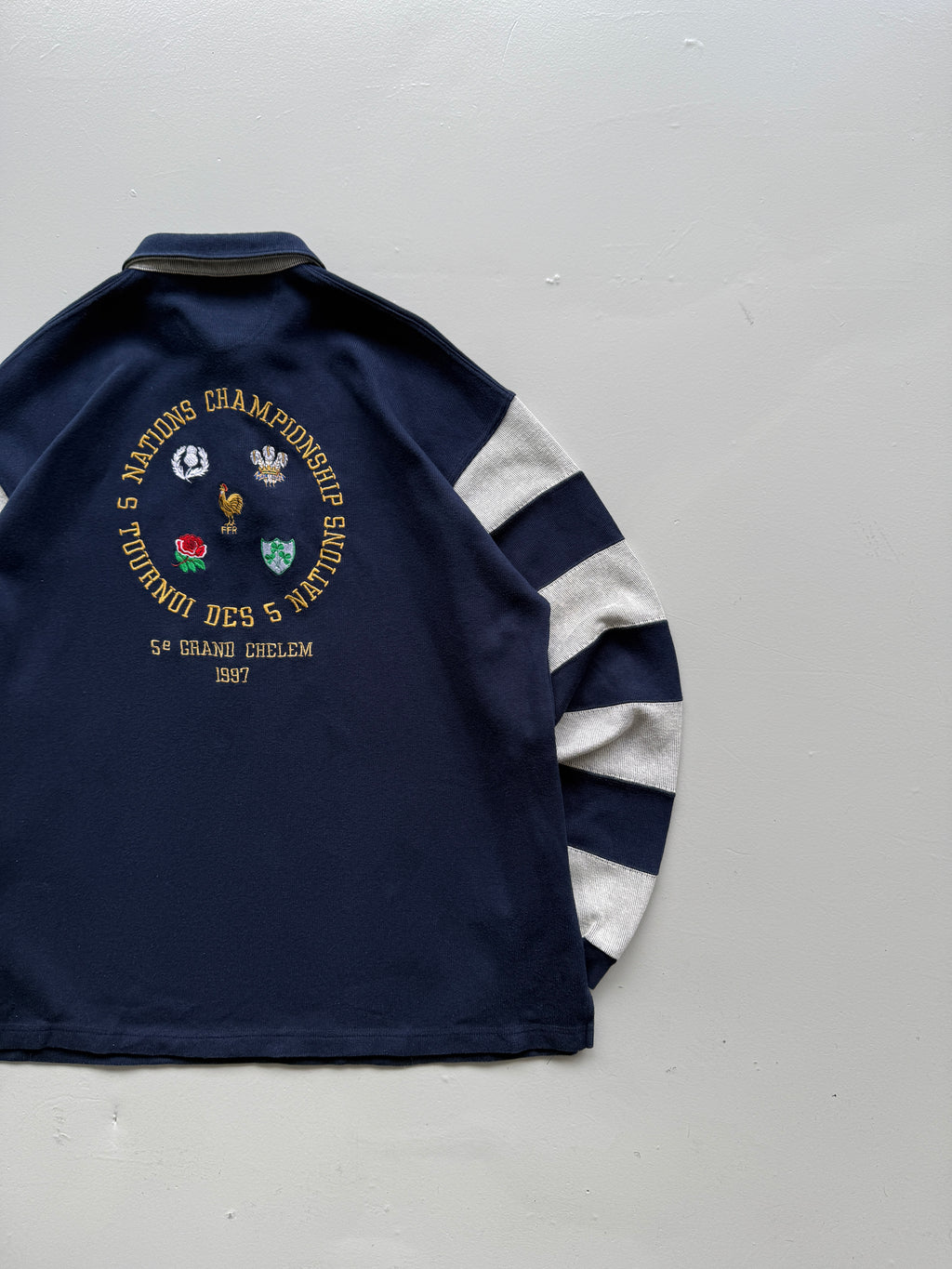 Navy Blue Five Nations 90's Vintage Long Sleeve Rugby Polo Jersey - XL