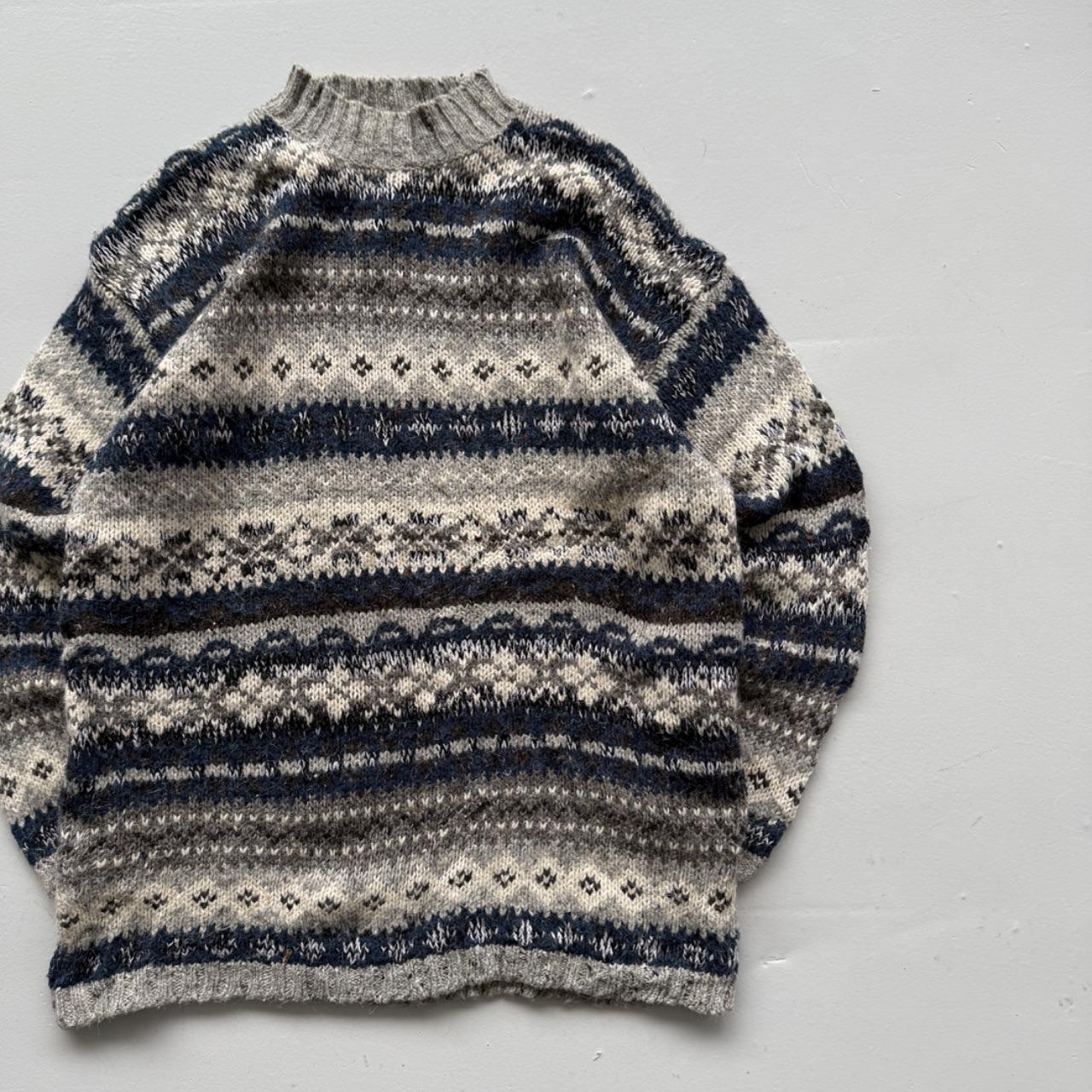 Blue Stripe Knitted 90s Vintage Knit Mock Neck Jumper - Medium