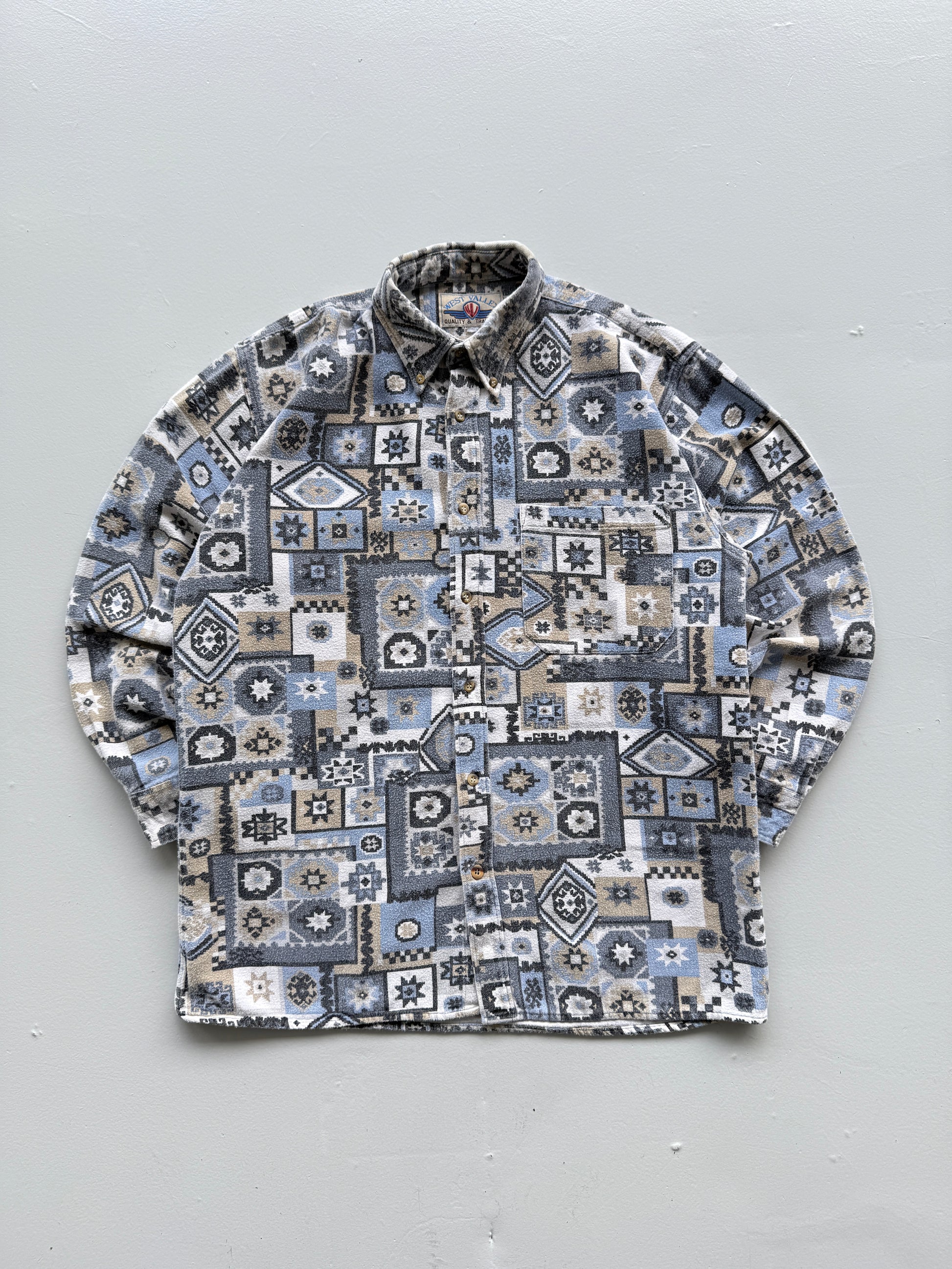 Blue Western Pattern West Valley 90's Vintage Long Sleeve Shirt - Small