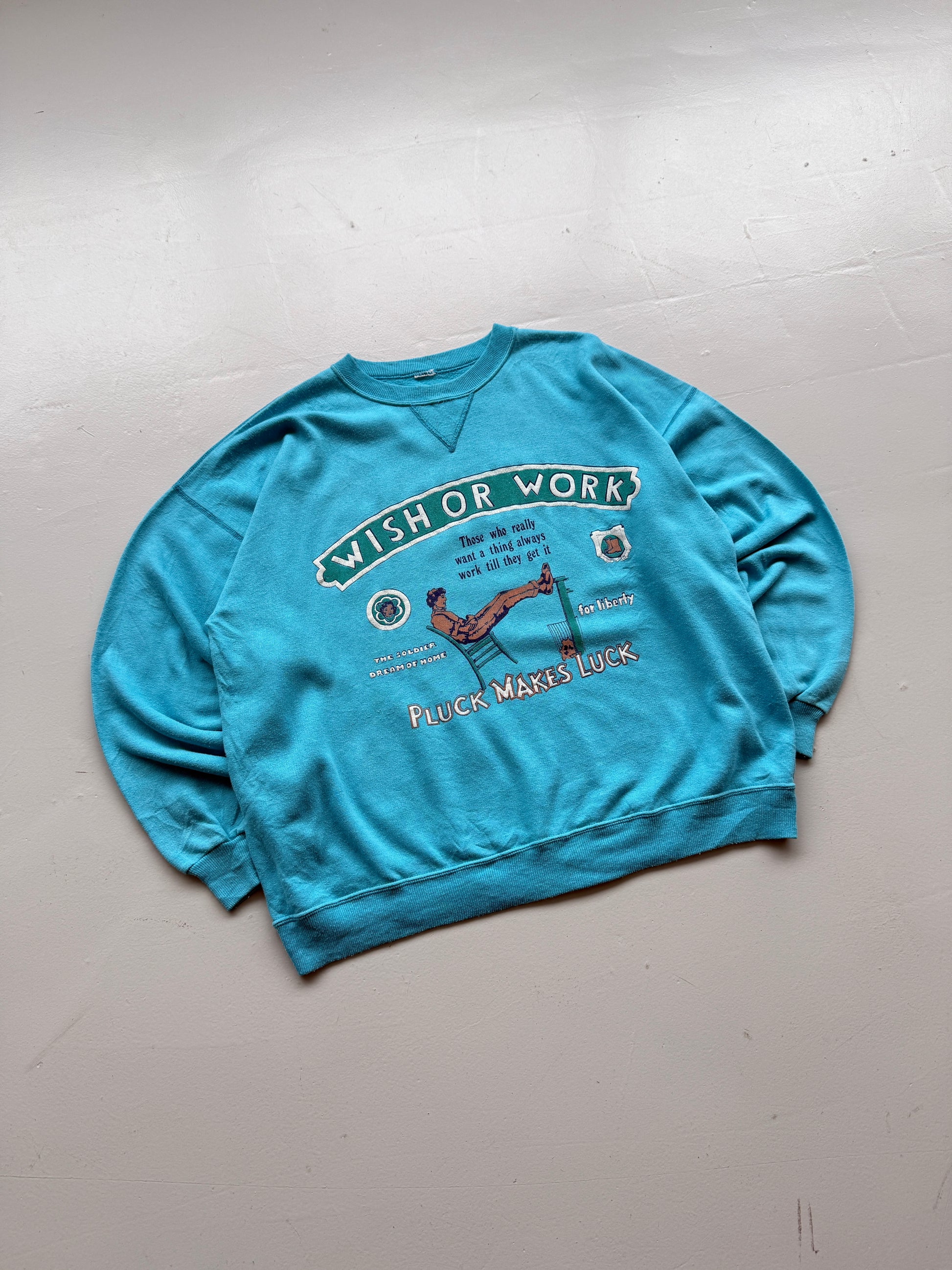 Light Blue Wish or Work 80's Vintage Graphic Sweatshirt Jumper - Large