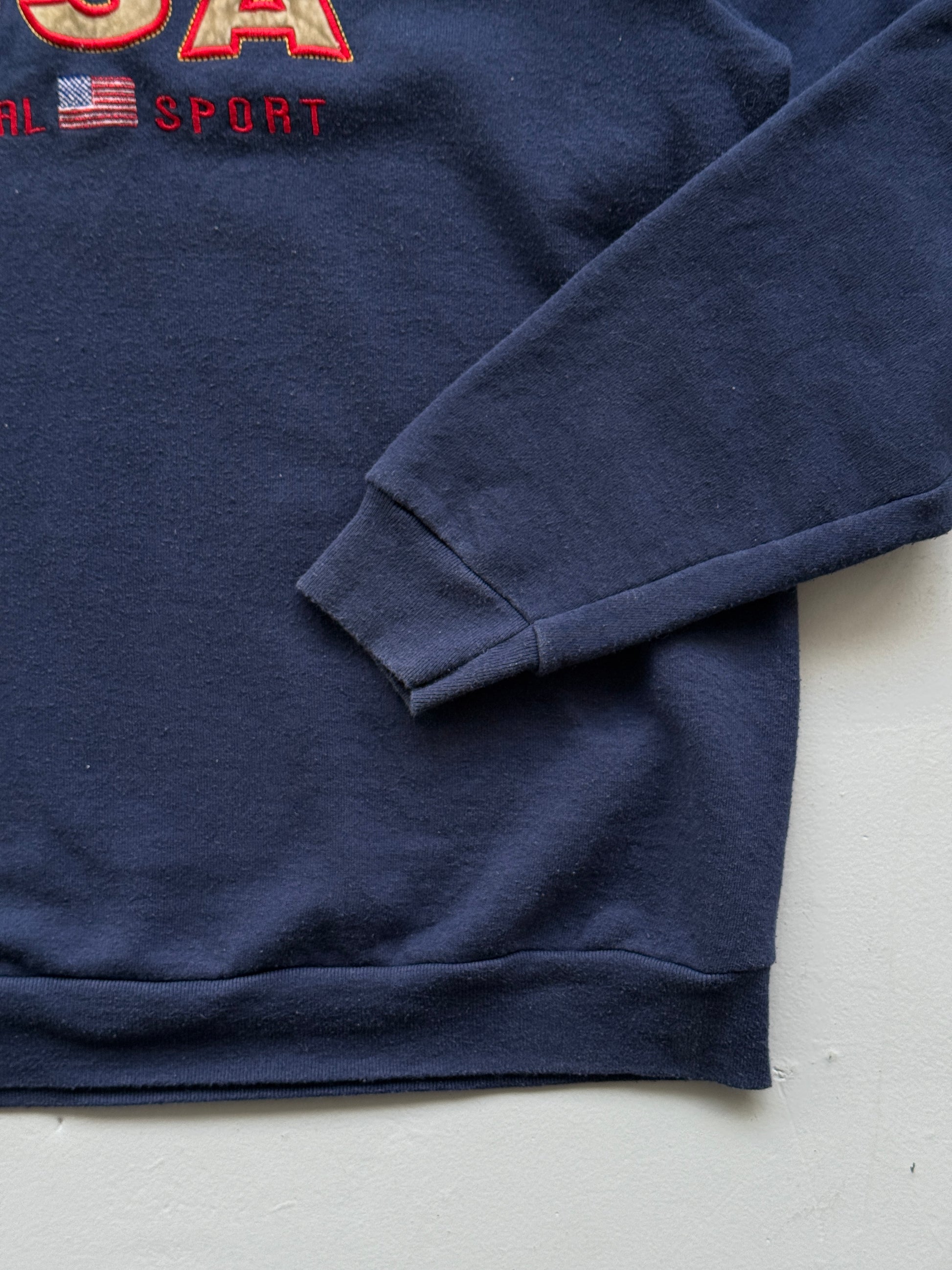Navy Blue Fruit of the Loom 90's Vintage USA Graphic Sweatshirt Jumper - Large