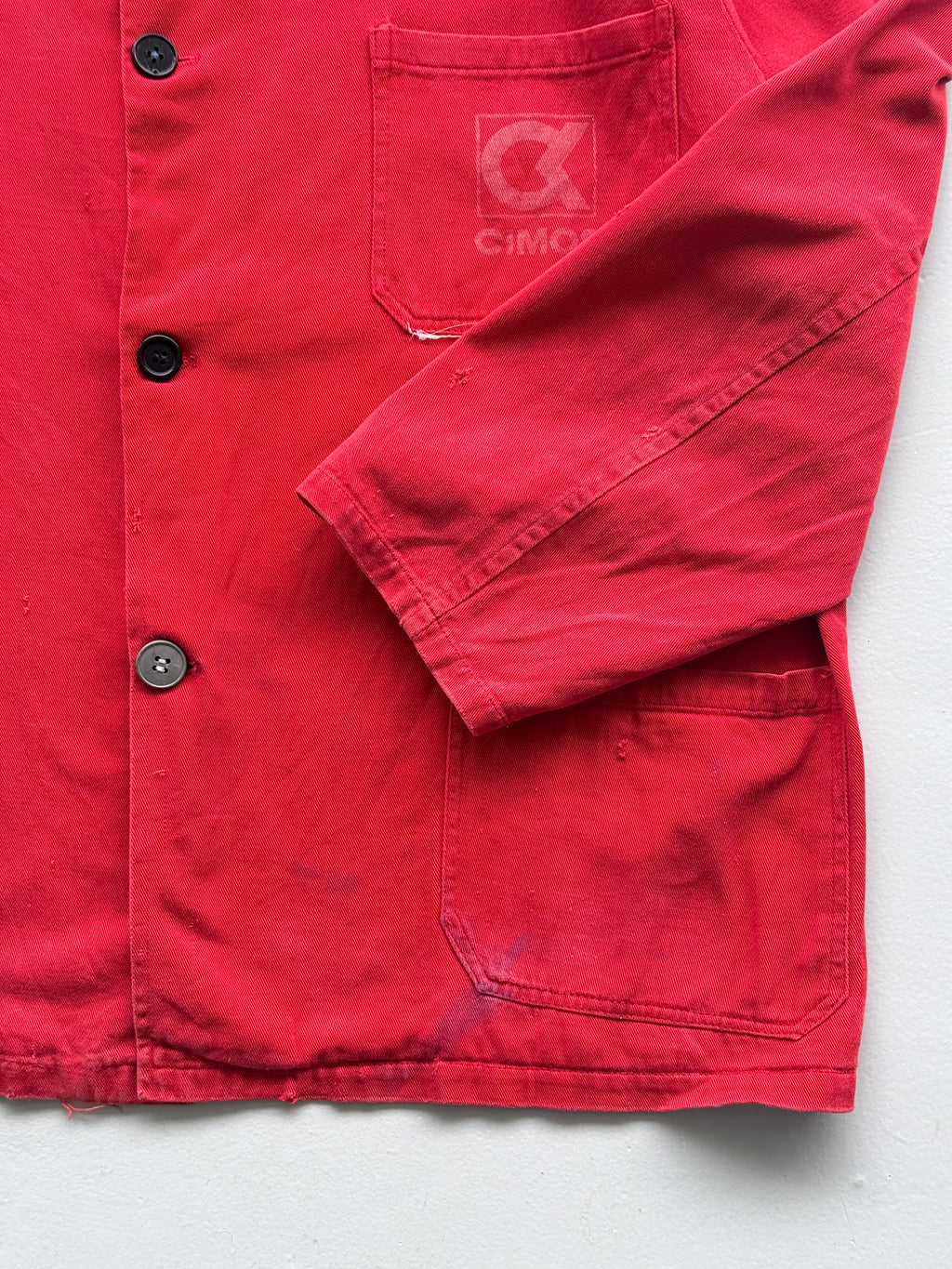 Red Thrashed French Chore Jacket 80's Vintage Workwear CH218 - Medium