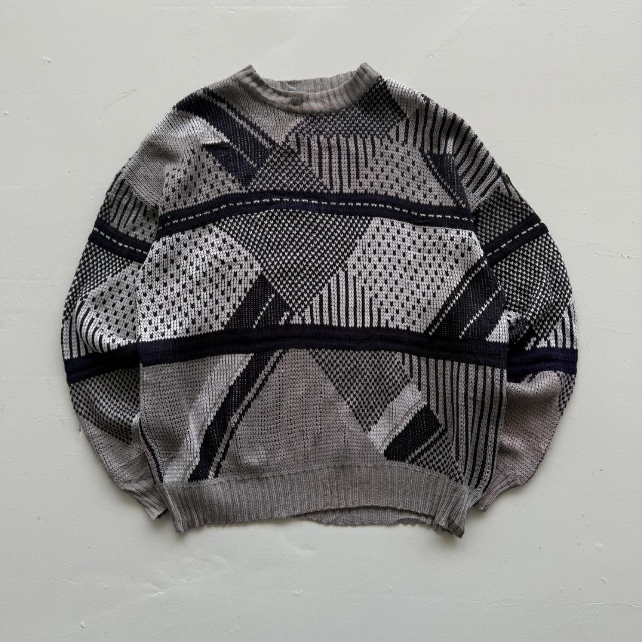 Grey Black Patterned 90's Vintage Woollen Knit Jumper - XL