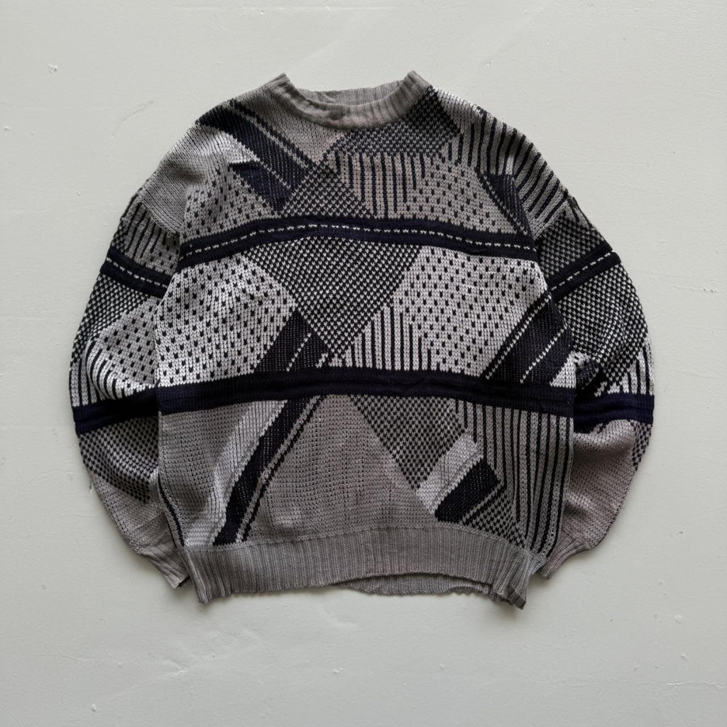 Grey Black Patterned 90's Vintage Woollen Knit Jumper - XL