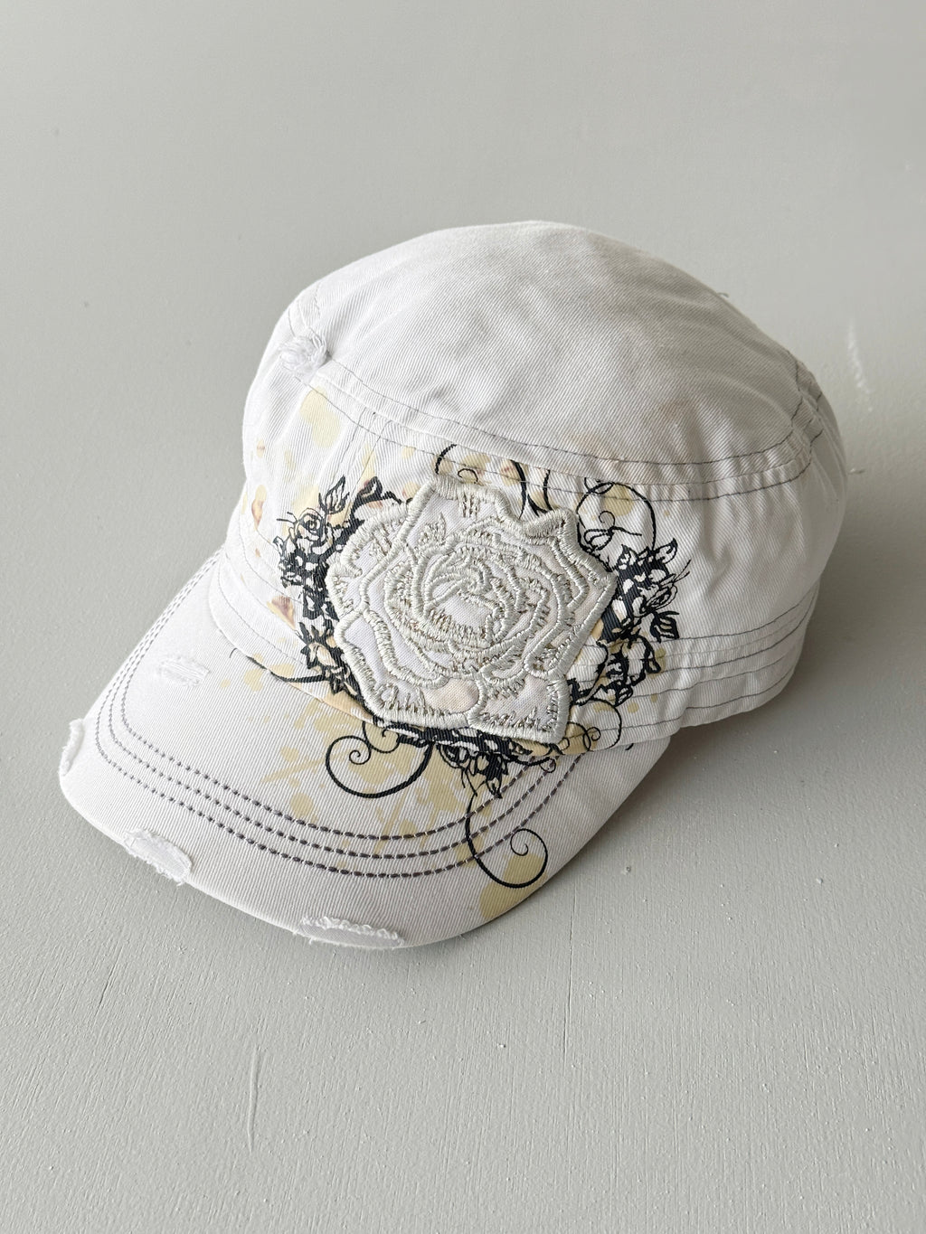 White Rose Y2K Cadet Cap Military Style 00's Grunge Aesthetic
