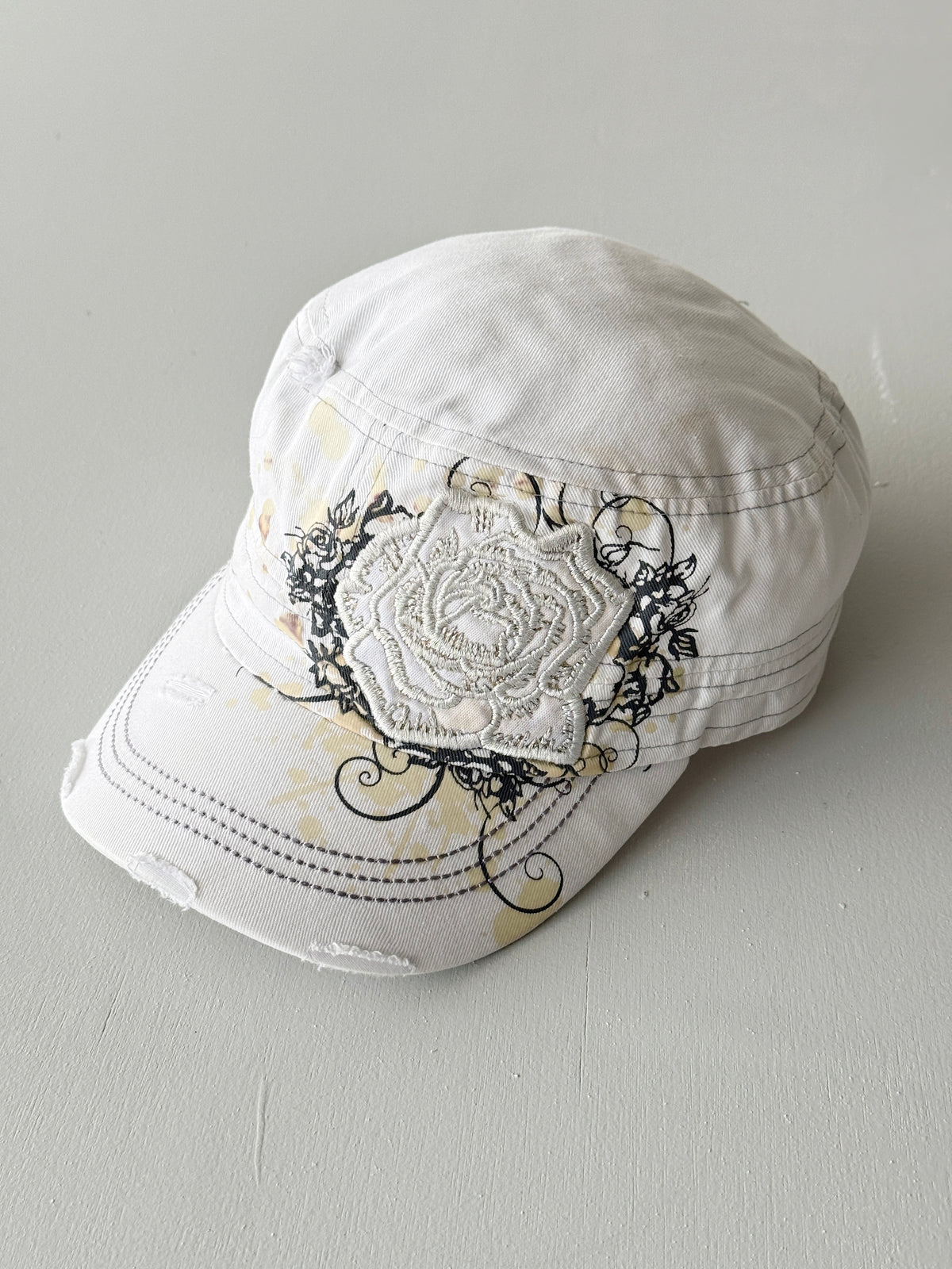 White Rose Y2K Cadet Cap Military Style 00's Grunge Aesthetic