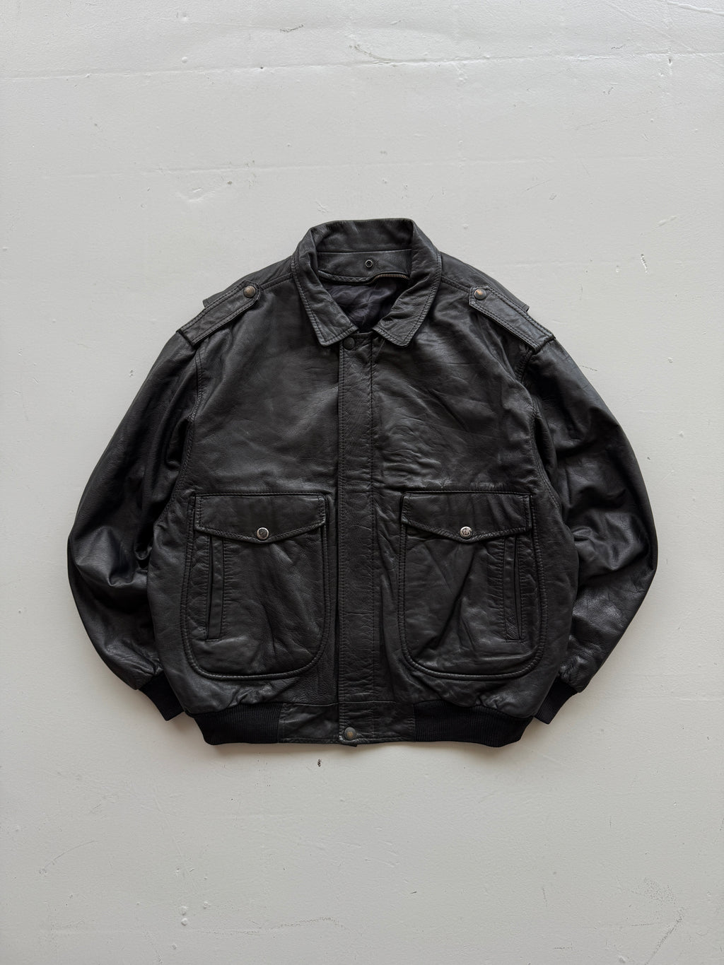Black A2 Leather Vintage Aviation Bomber Jacket 002 - Large