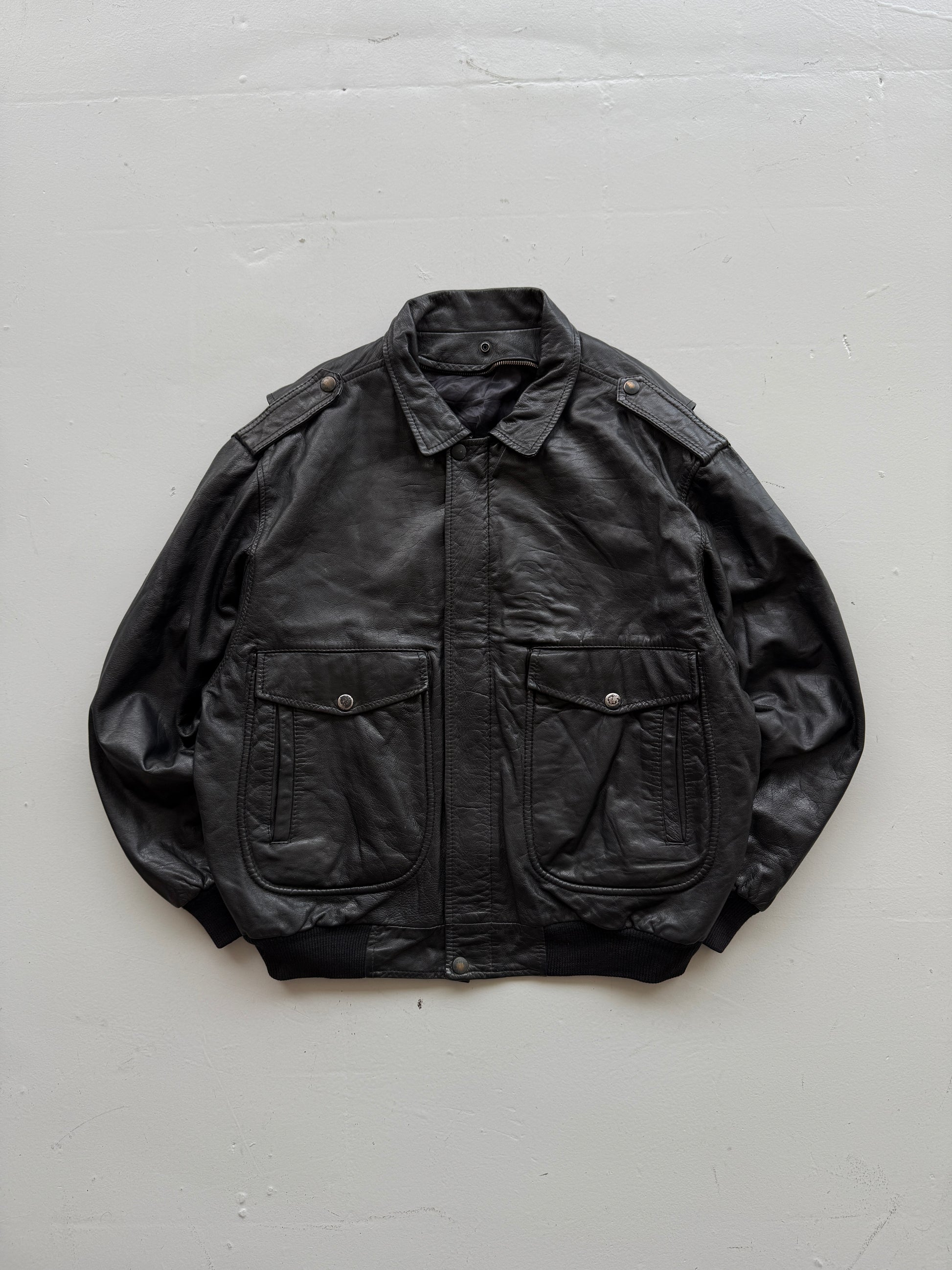 Black A2 Leather Vintage Aviation Bomber Jacket 002 - Large