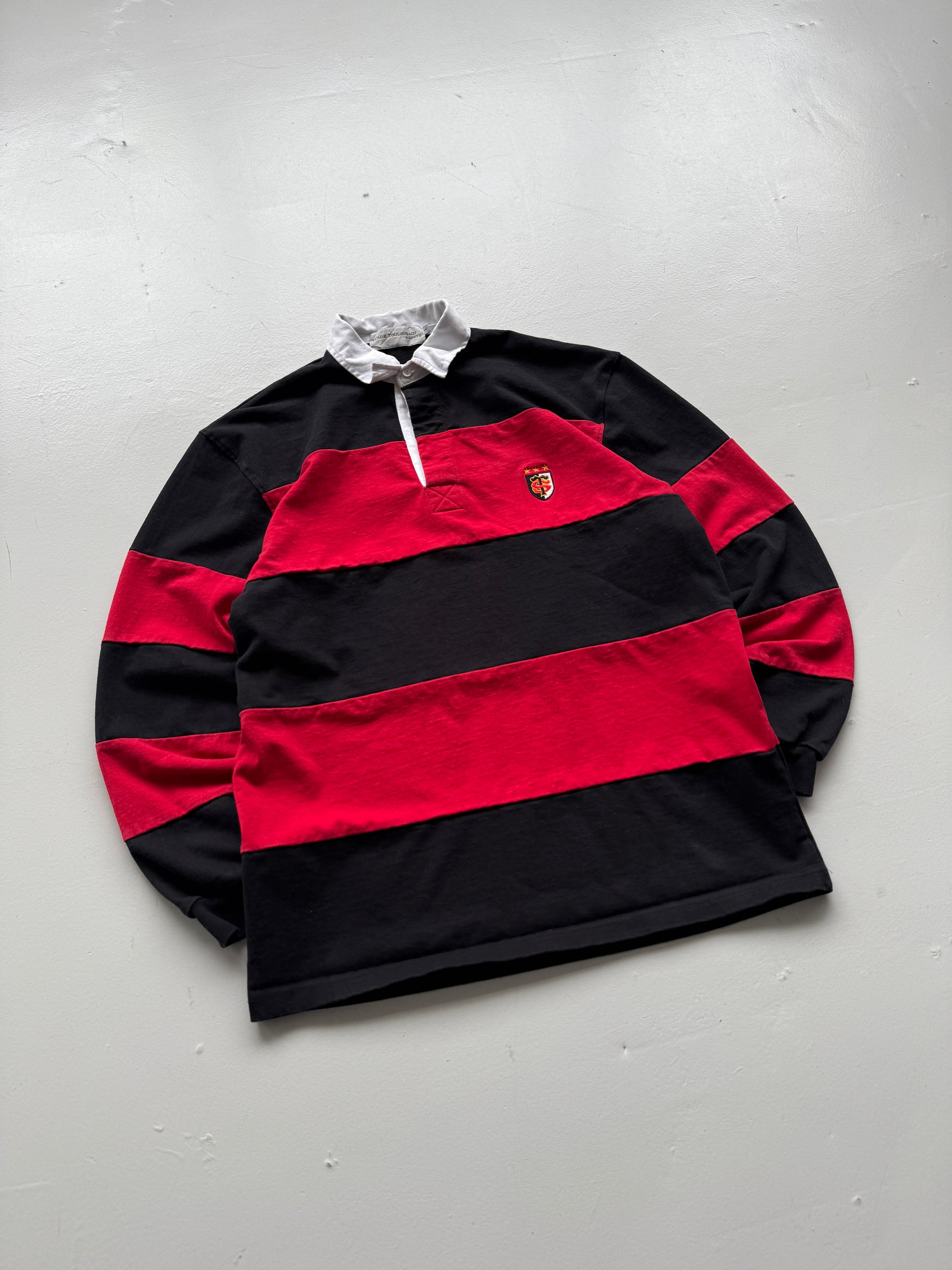 Red Striped Stade Toulousain 90's Vintage Long Sleeve Rugby Jersey Polo - Medium