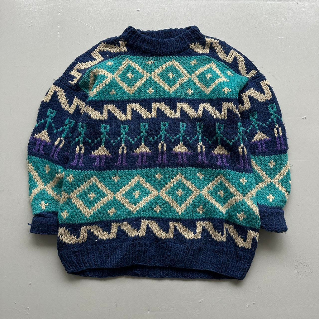 Blue Ecuadorian 80s Chunky Knit Jumper - Large