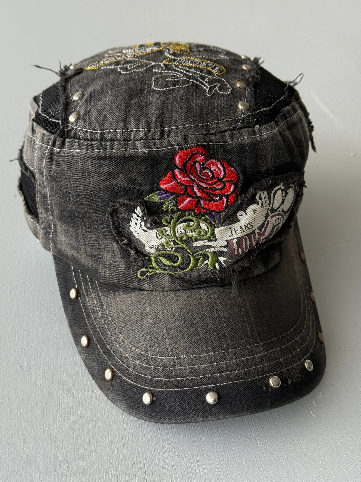 Grey Rose Studded Distressed Y2K Cadet Cap Military Style 00's Grunge Aesthetic