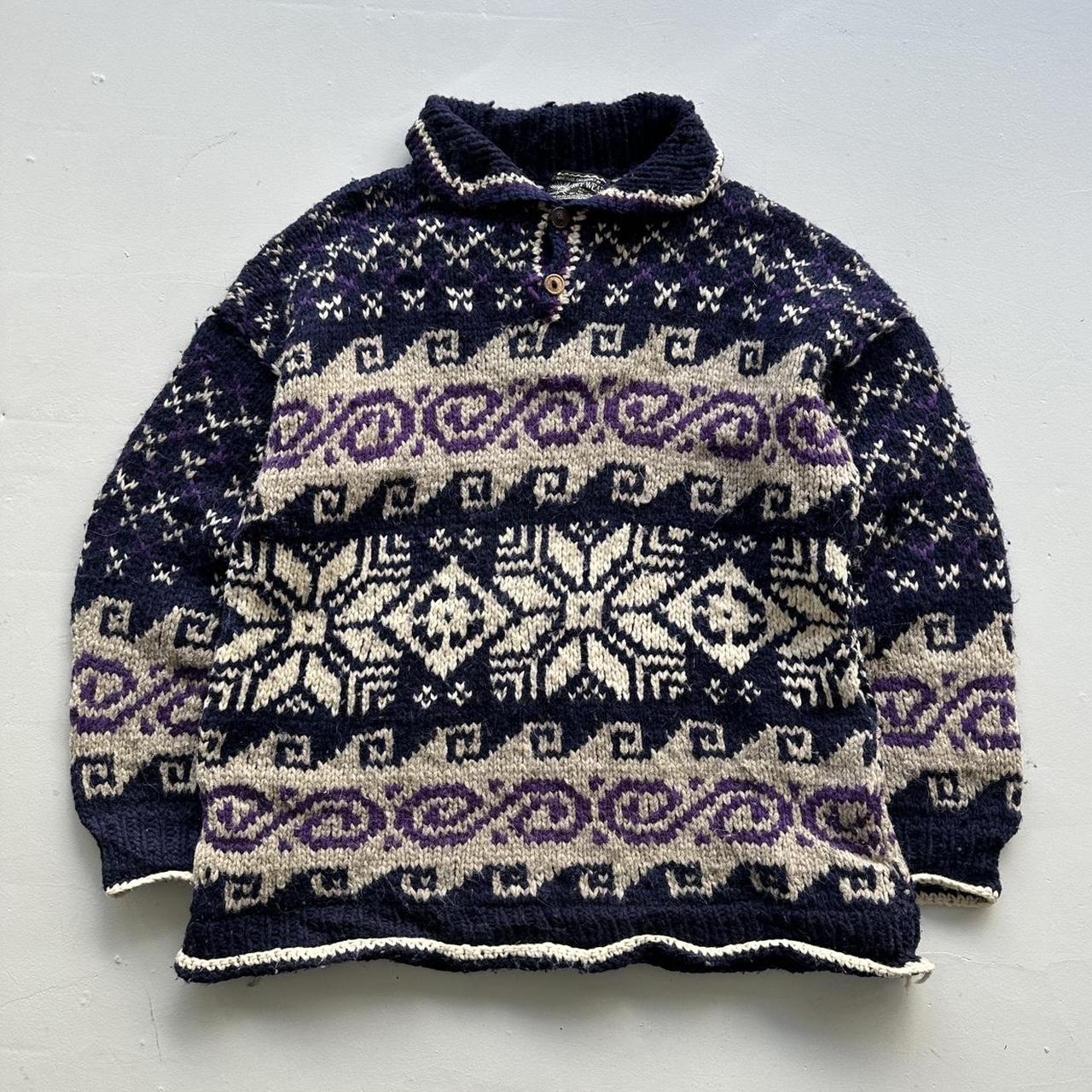Purple Multicoloured 80s Vintage Rey Wear Woollen Ecuadorian Knit Wool Sweatshirt - 2XL