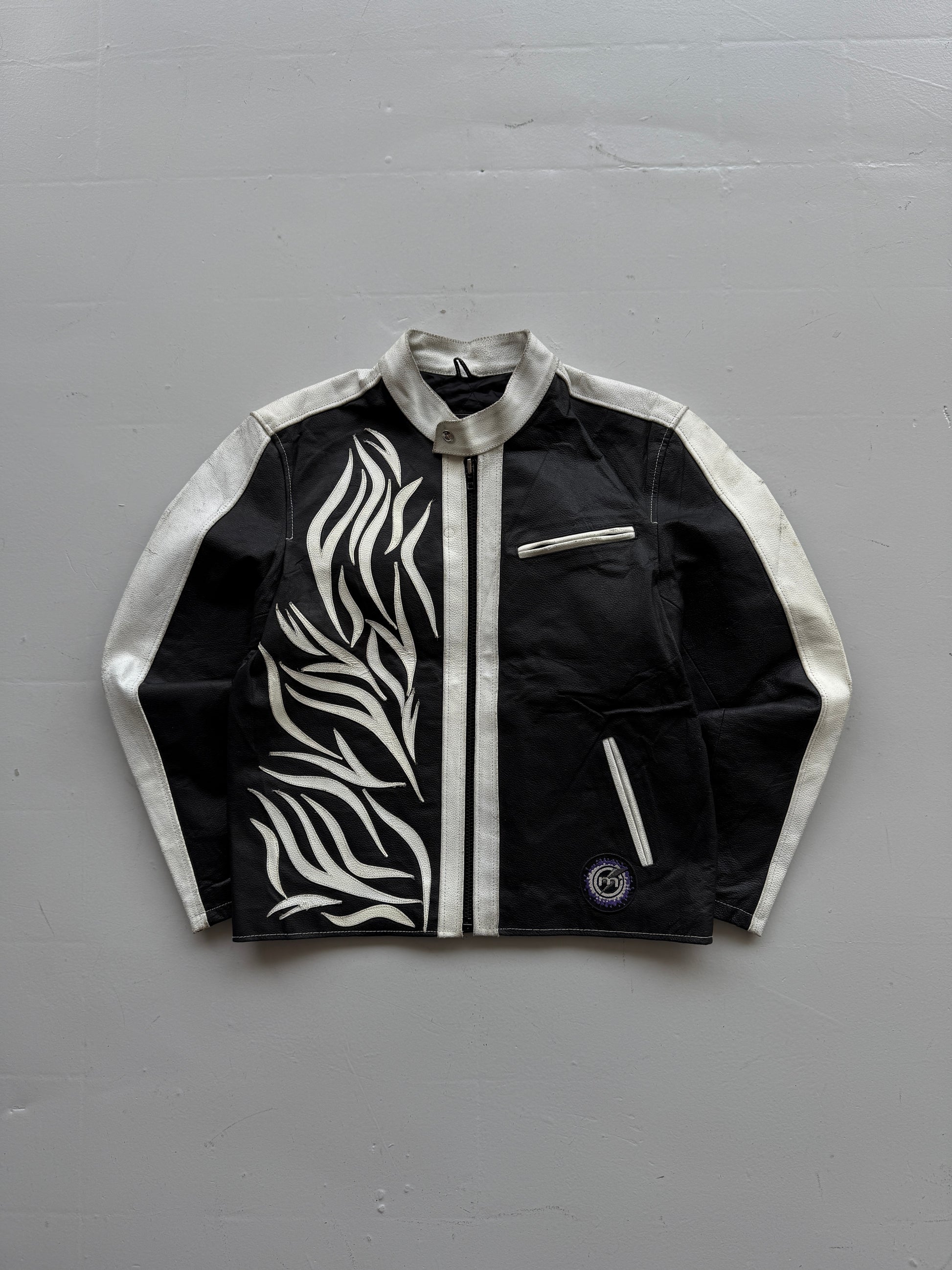 Black Leather Y2K Vintage Tribal Motorbike Jacket - Medium