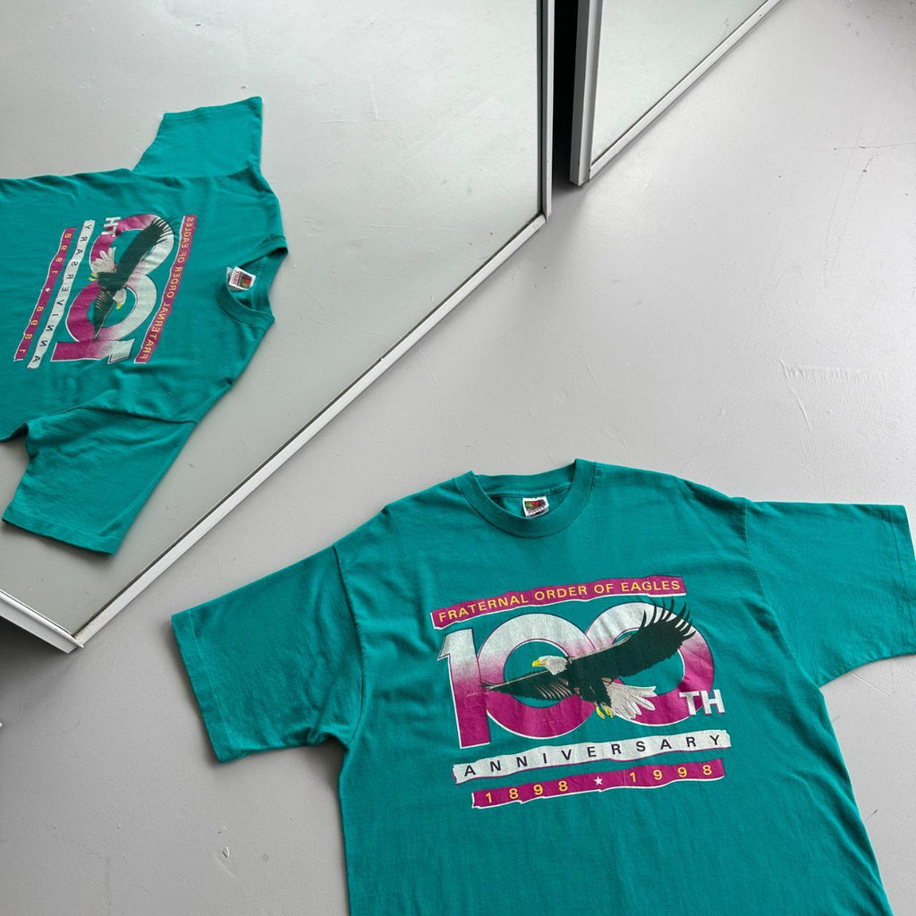 Turquoise Blue 100th Aniversary Eagle 90s Vintage T-shirt - XL