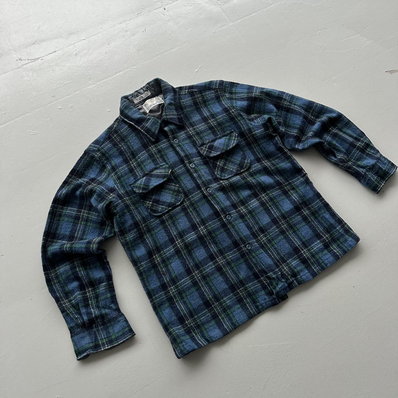 Green Blue Cascade Woollen Checkered Long Sleeve 60s Vintage Flannel Shirt - Small
