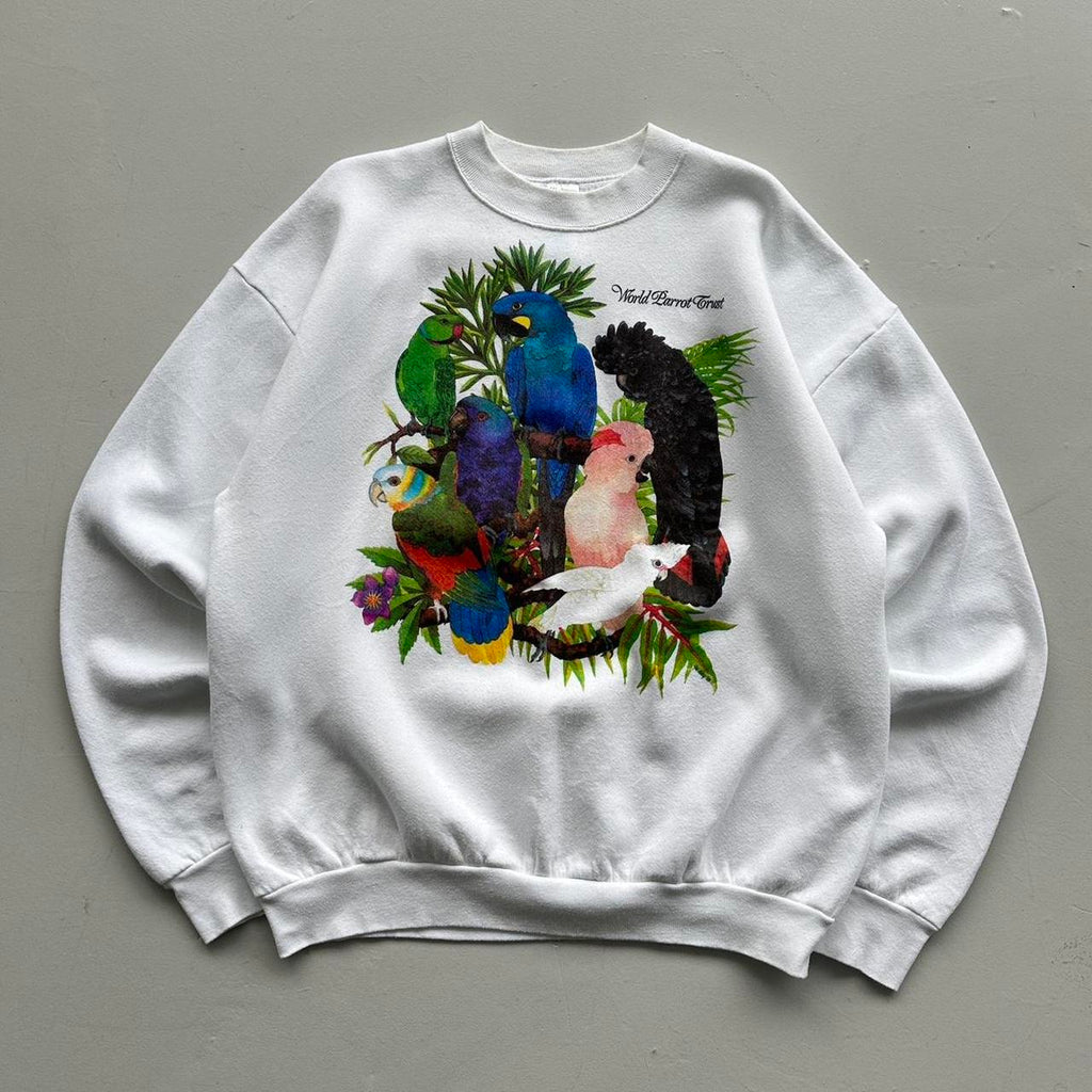 White Save the Parrots 90’s Vintage Graphic Sweatshirt - XL