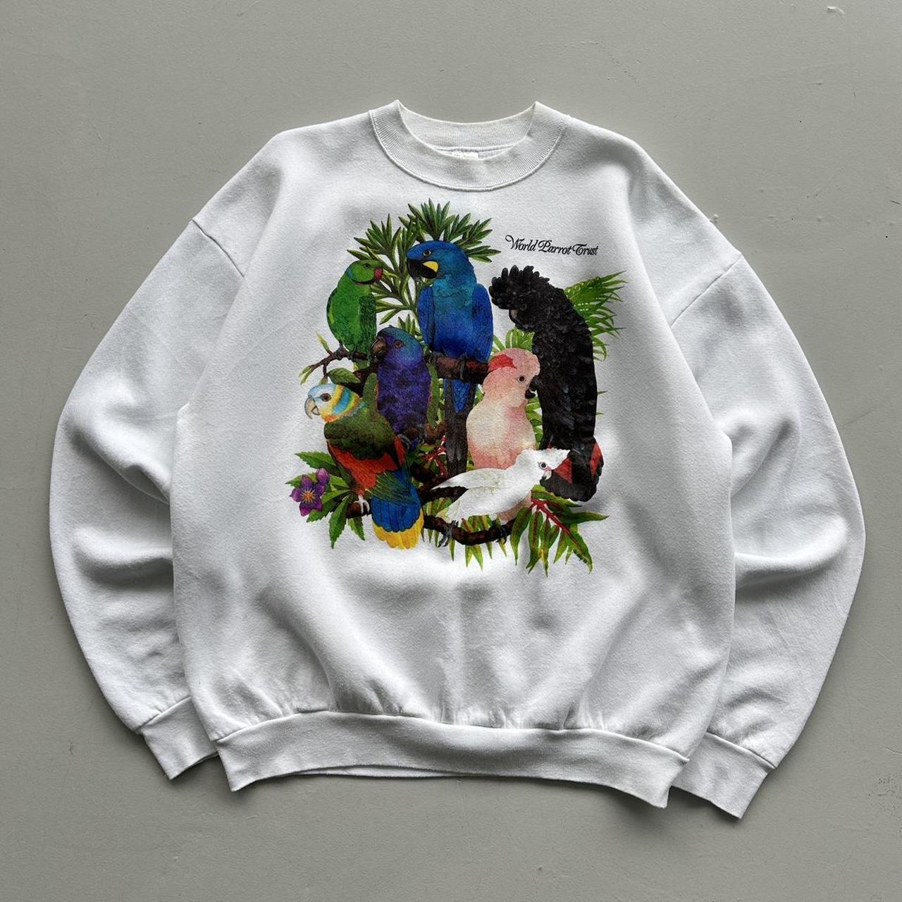 White Save the Parrots 90’s Vintage Graphic Sweatshirt - XL