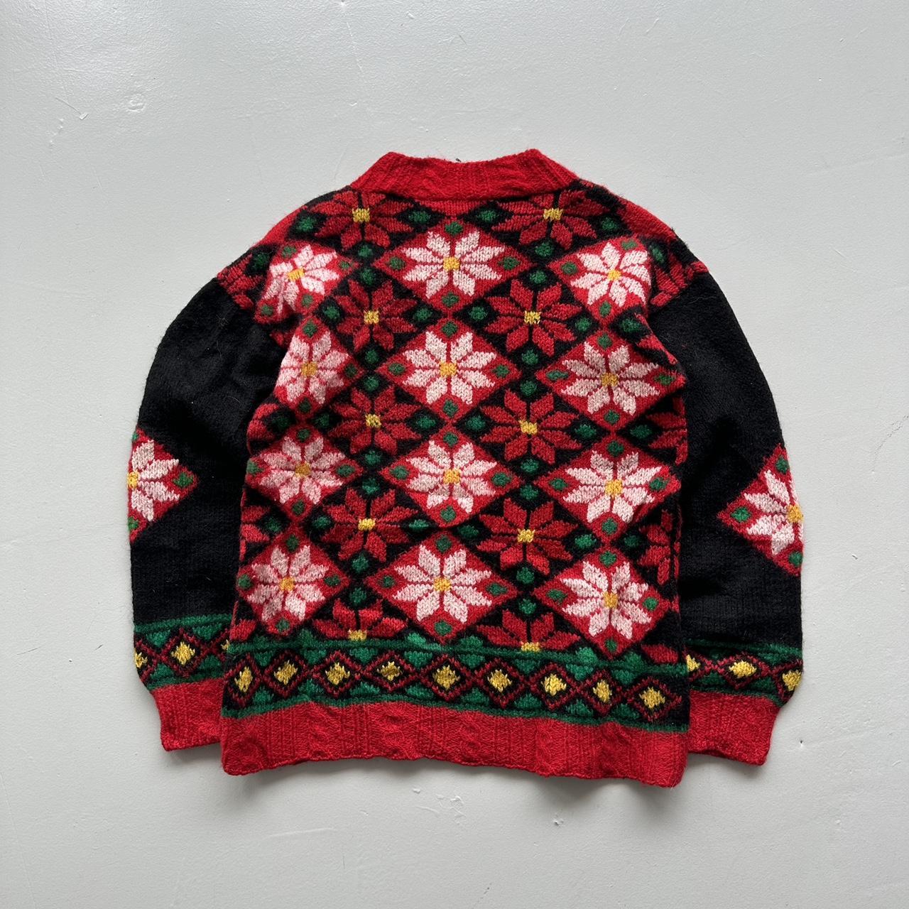Red Floral Patterned 70s Vintage Woollen Knit Jumper - Medium