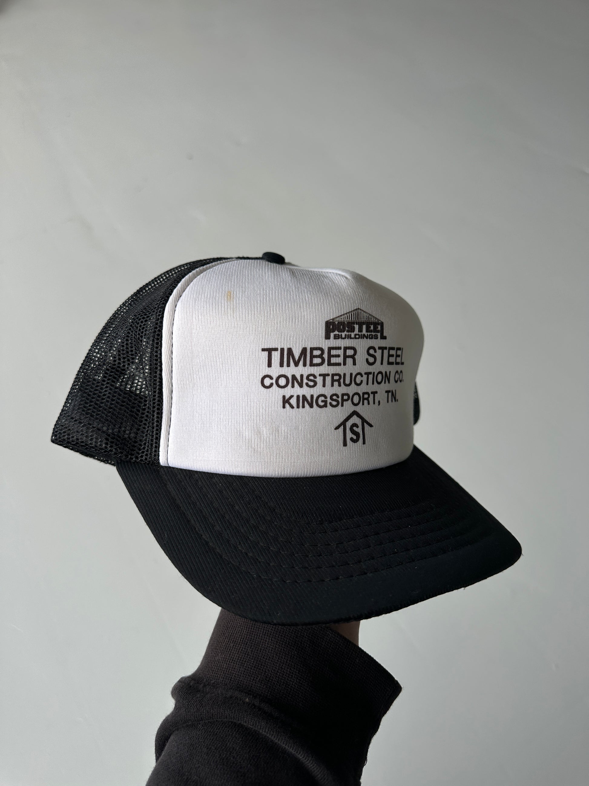White / Black Timber Steel Construction Co. Vintage Foam SnapBack Trucker Cap