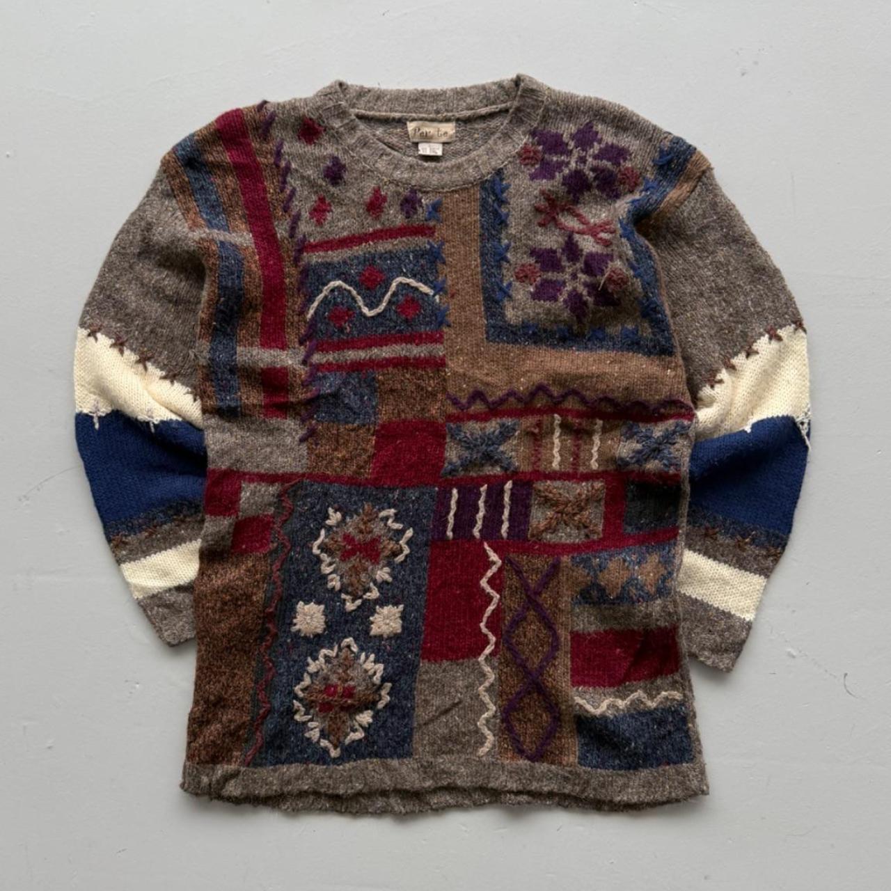 Brown Woollen 90's Vintage Patchwork Pattern Knit Jumper - Mens Large - Womens 12