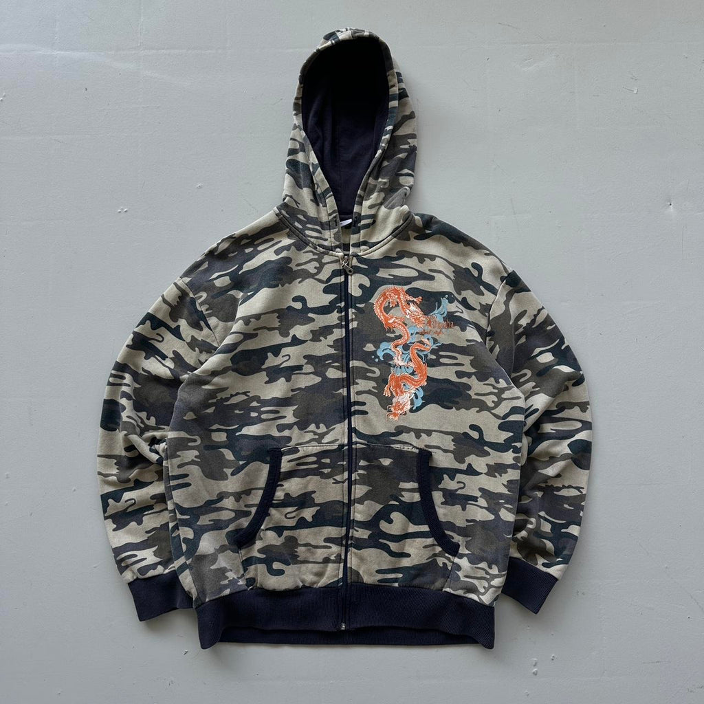 Grey Camo Tribal Dragon Y2K Full-Zip Hoodie - XL