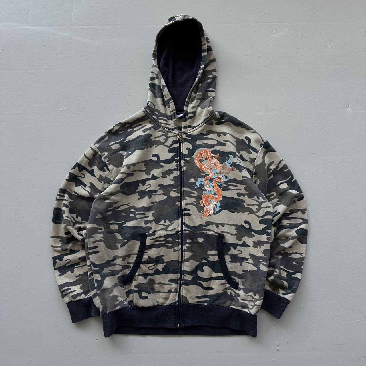 Grey Camo Tribal Dragon Y2K Full-Zip Hoodie - XL