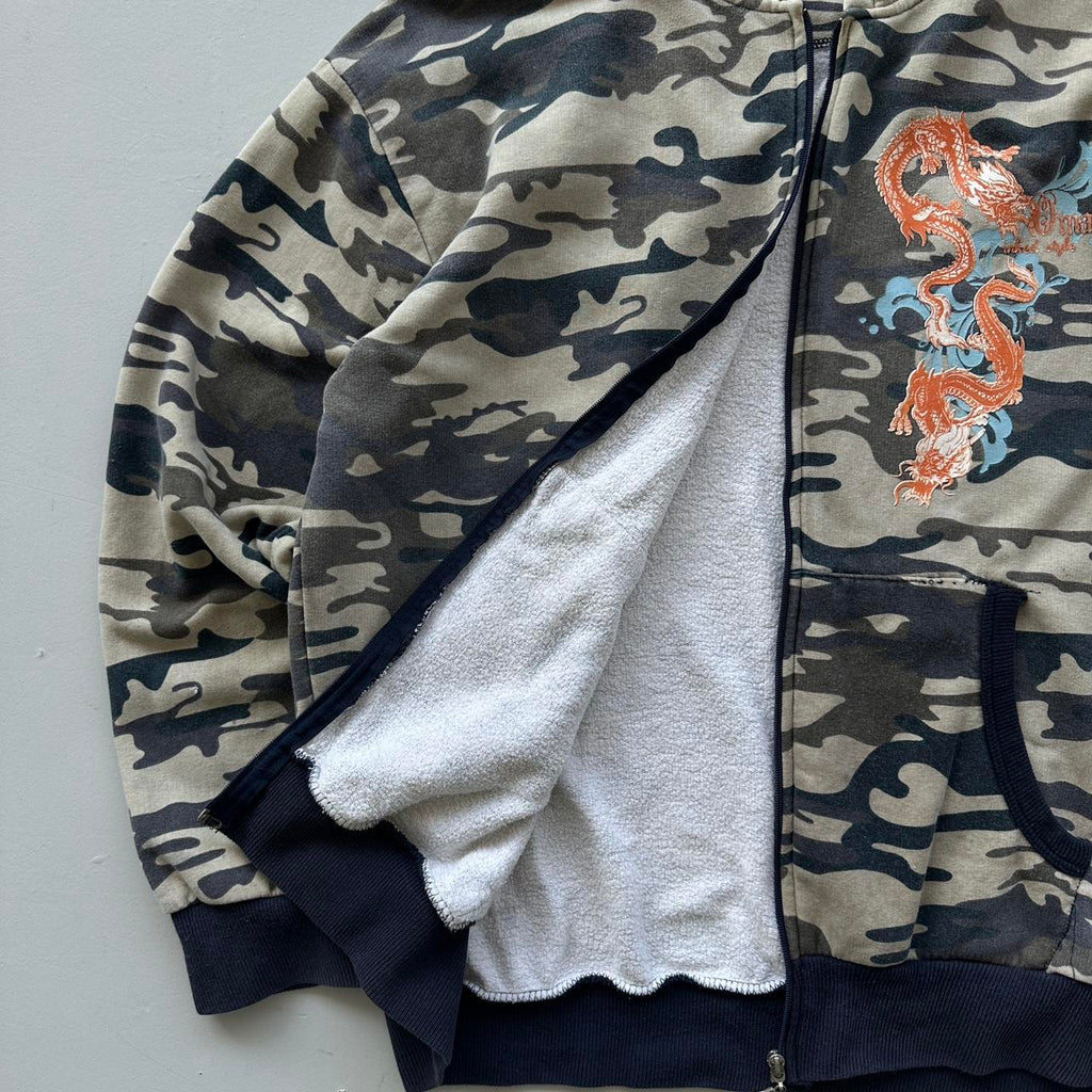 Grey Camo Tribal Dragon Y2K Full-Zip Hoodie - XL