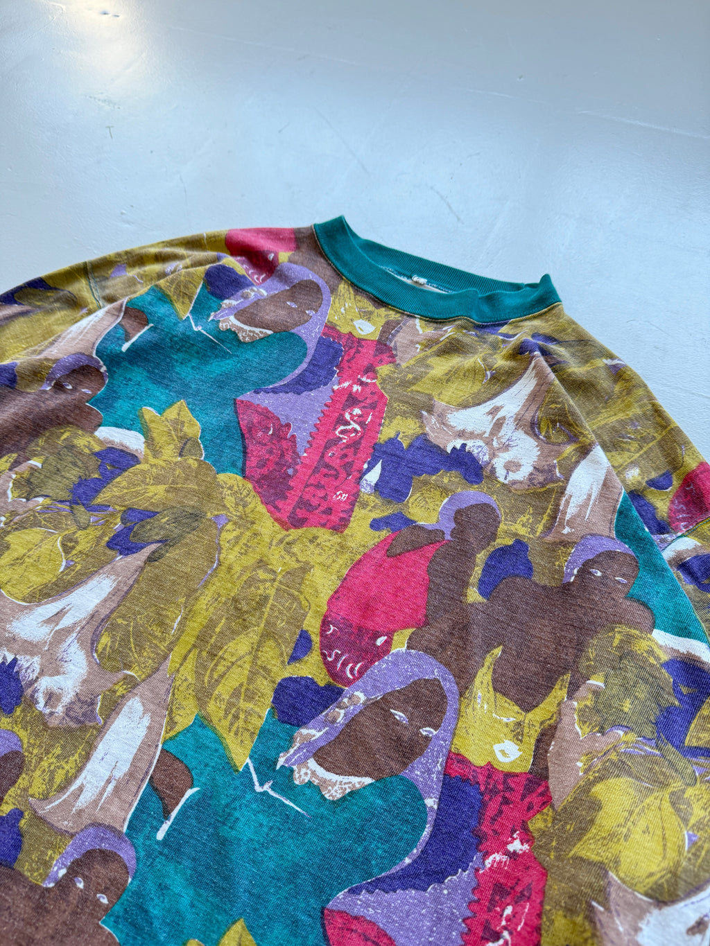 Yellow illustrated 90's Vintage African Women Long Sleeve T-Shirt- Medium