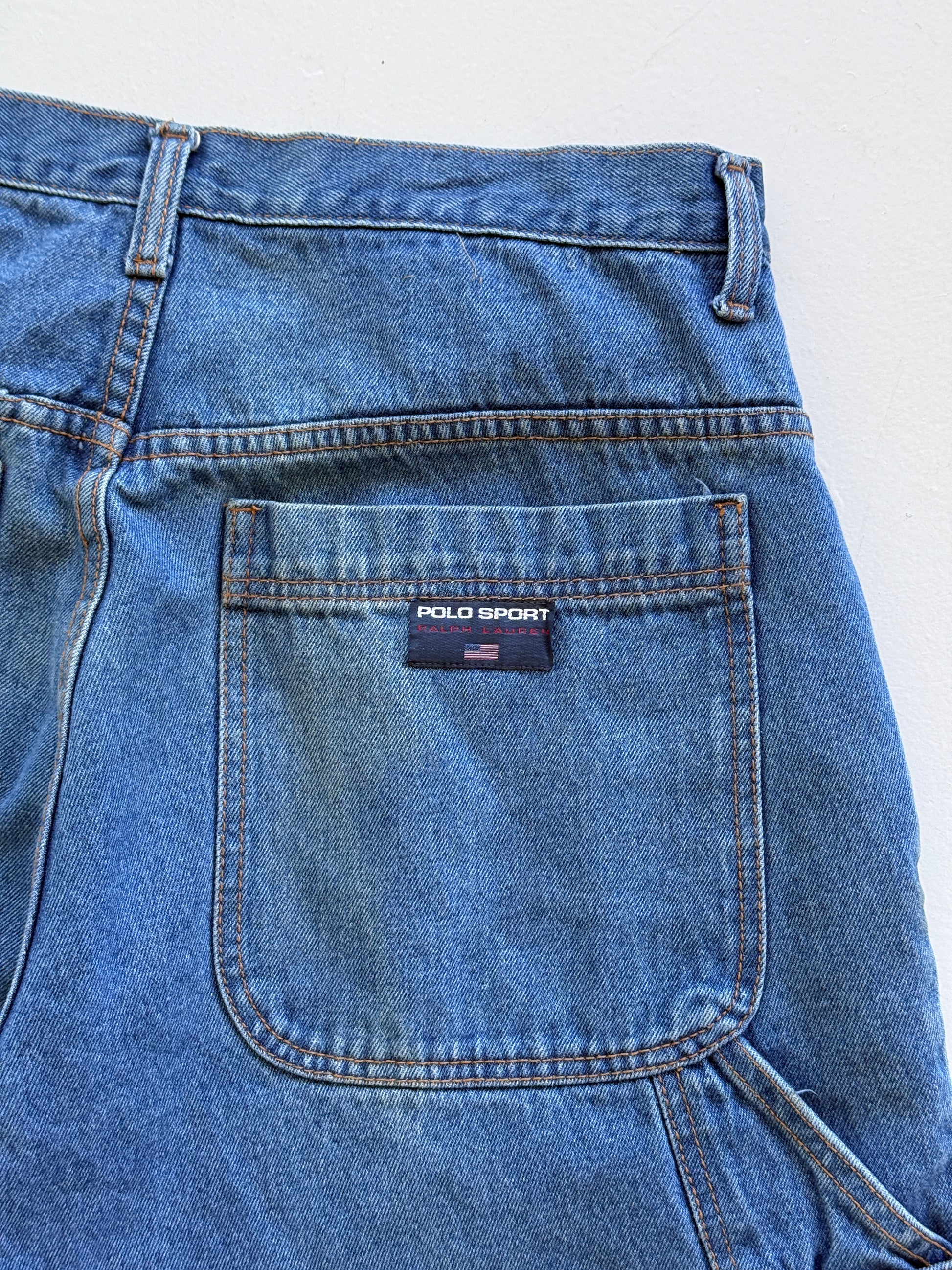 Mid Blue Polo Sport 90's Vintage Baggy Carpenter Denim Shorts - W34 x L12