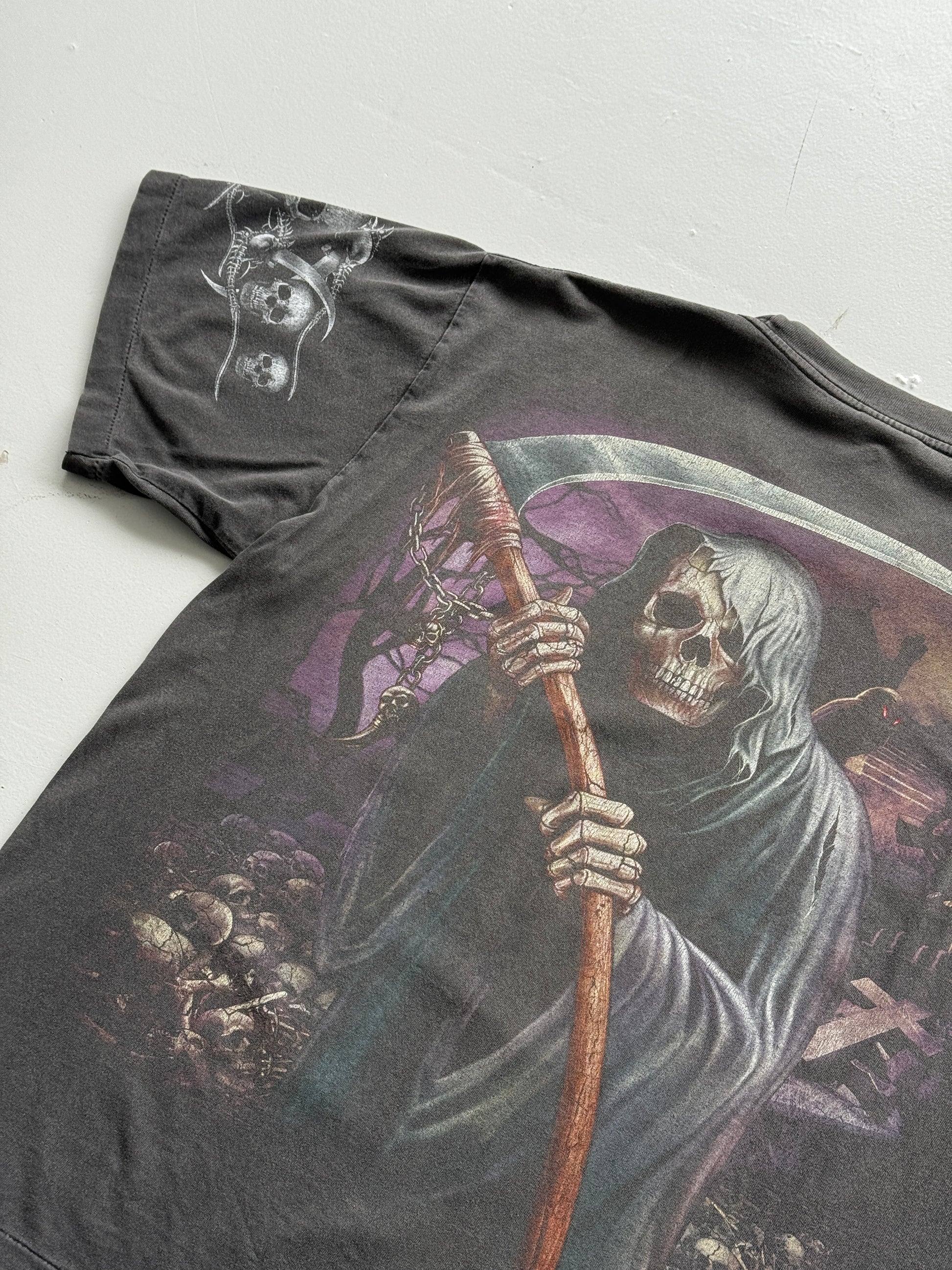 Grey Sun Faded Grim Reaper 90's Vintage Gothic Single Stitch T-Shirt- Boxy Large