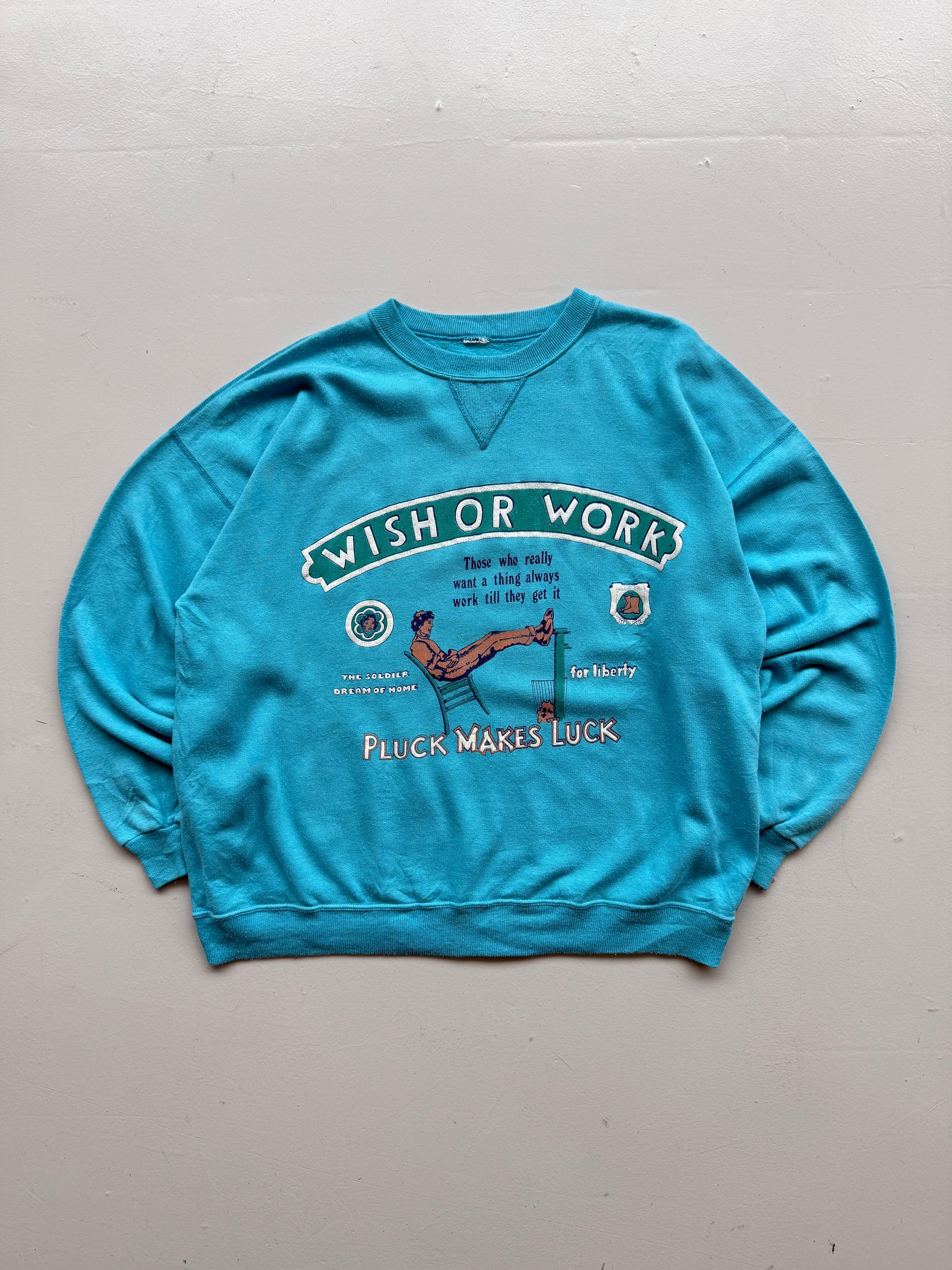 Light Blue Wish or Work 80's Vintage Graphic Sweatshirt Jumper - Large