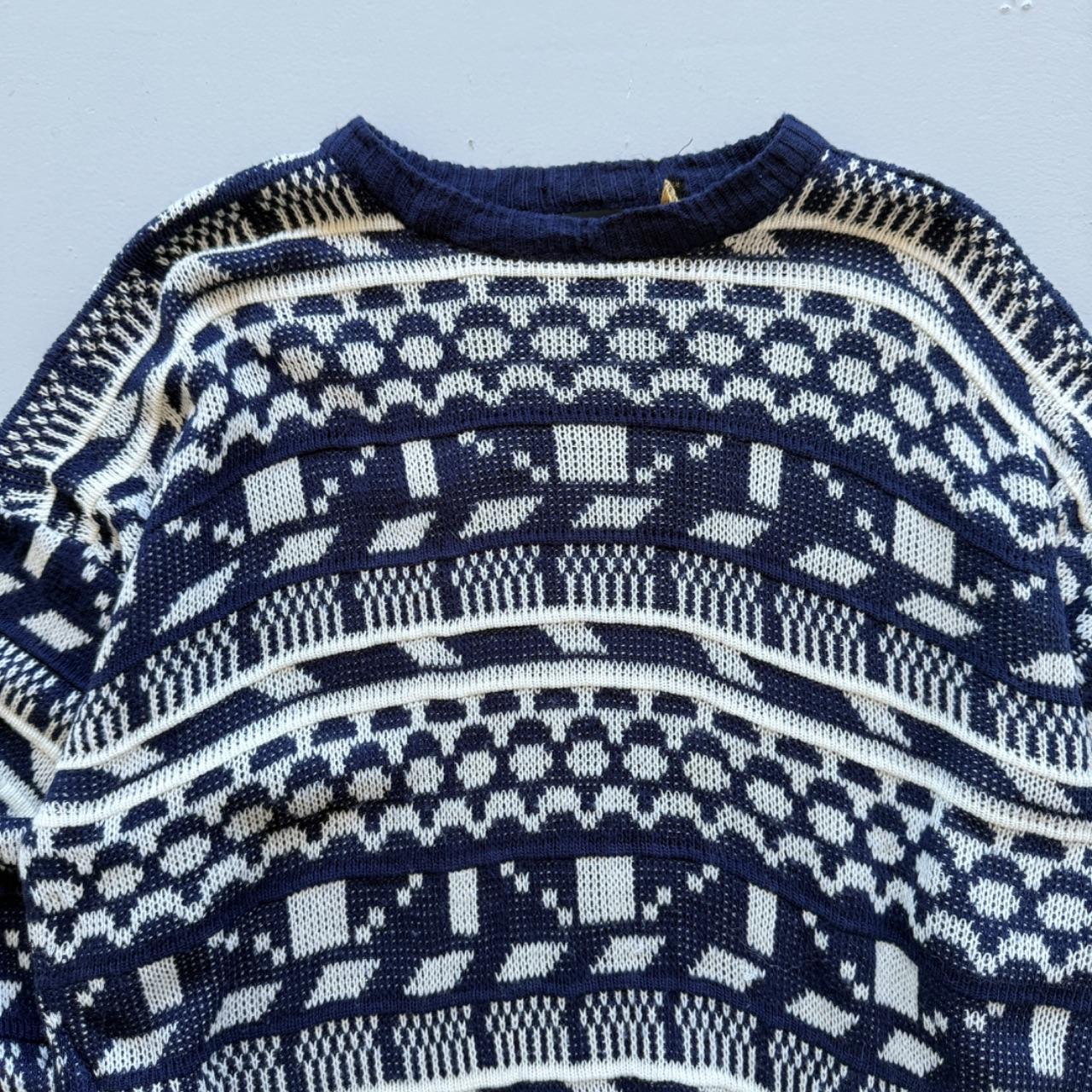 Blue Patterned Knitted 90s Acrylic Knit Jumper - Large