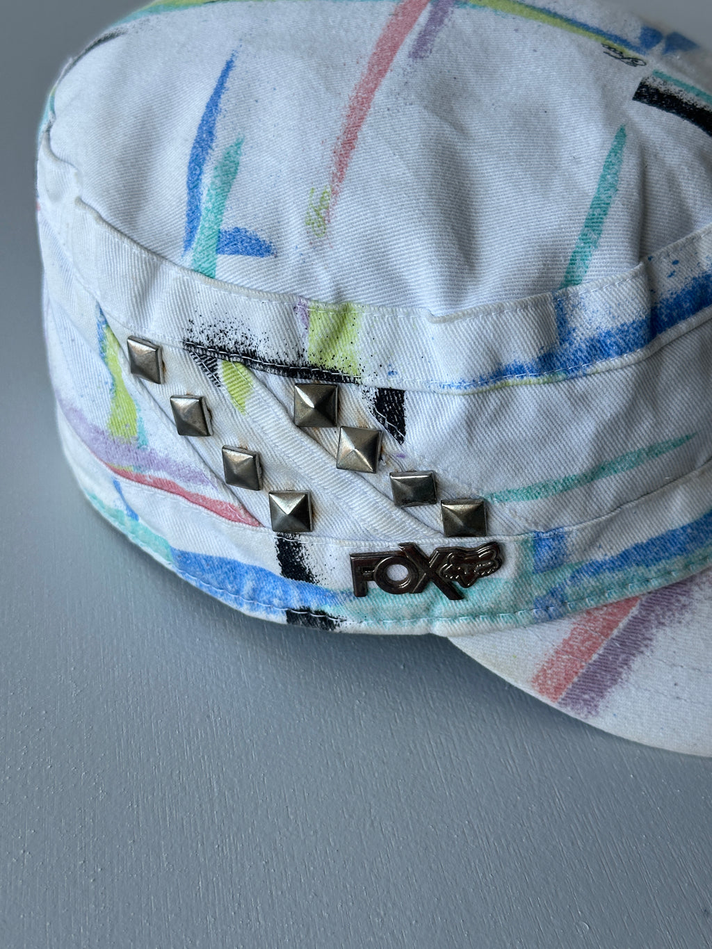 FOX White Studded Y2K Cadet Cap Military Style 00's Grunge Aesthetic