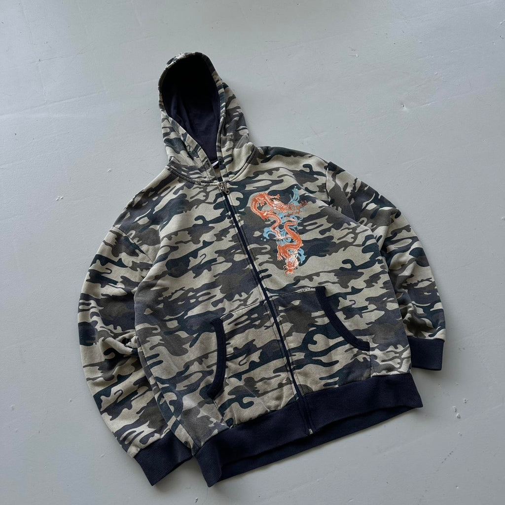 Grey Camo Tribal Dragon Y2K Full-Zip Hoodie - XL